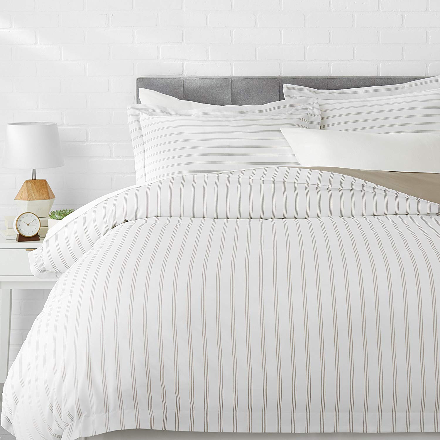 Price:$24.99    AmazonBasics Light-Weight Microfiber Duvet Cover Set with Snap Buttons - King, Taupe Stripe  Home & Kitchen