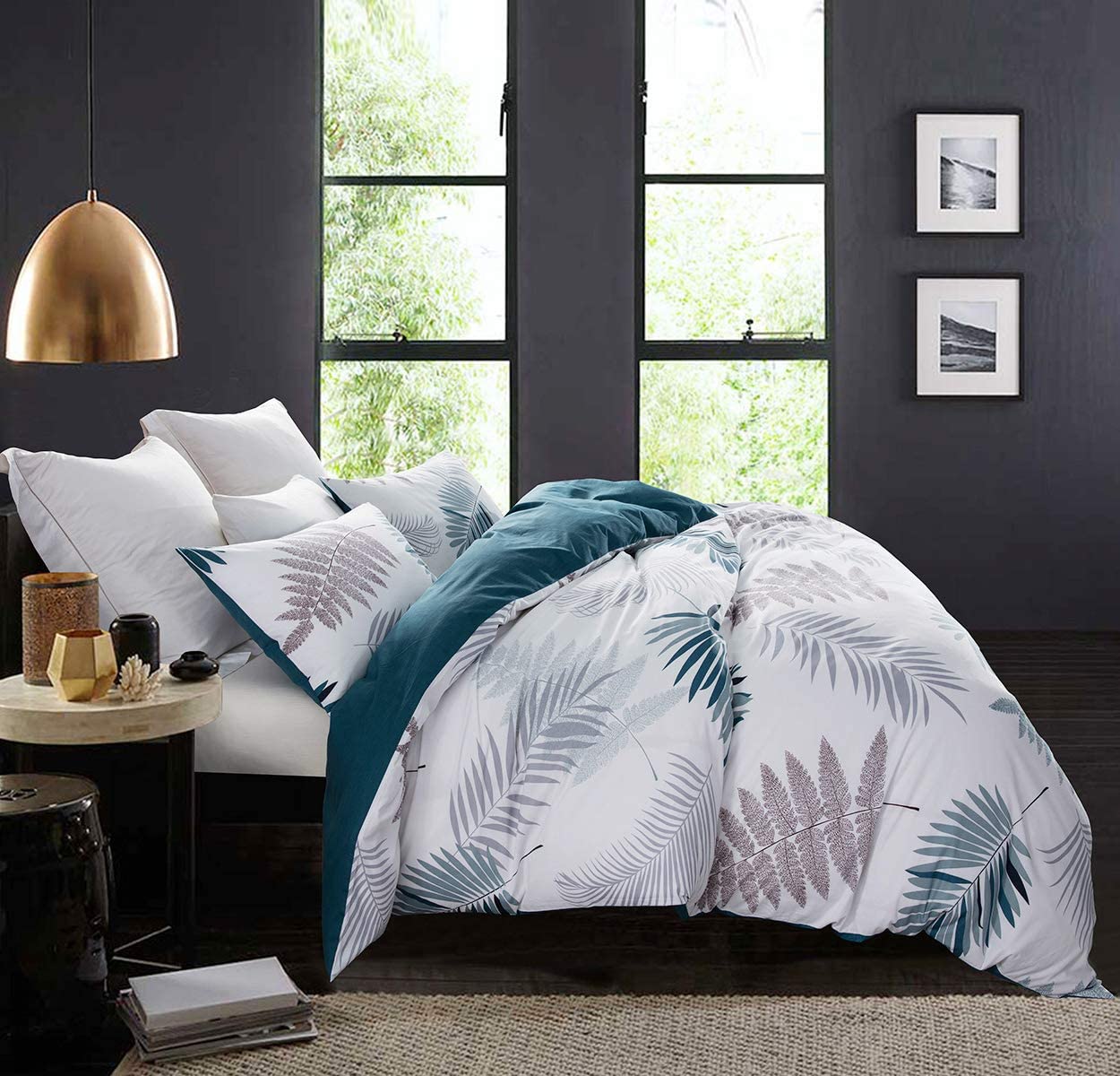 Price:$48.99    SLEEPBELLA Duvet Cover Set, 600 Thread Count Cotton Leaf Botanical Pattern Print Reversible Comforter Cover Set (Queen, Peacock Blue-Leaf)  Home & Kitchen