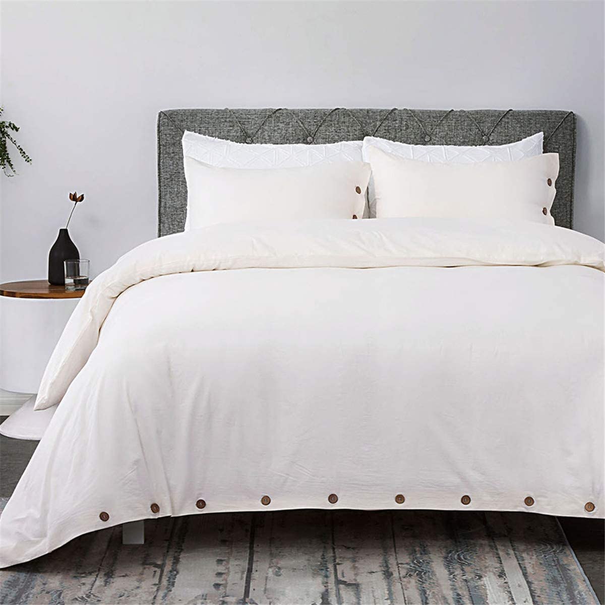 Price:$45.99    Bedsure 100% Washed Cotton Duvet Cover Sets Queen Full Size Cream Bedding Set 3 Pieces (1 Duvet Cover + 2 Pillow Shams)  Home & Kitchen