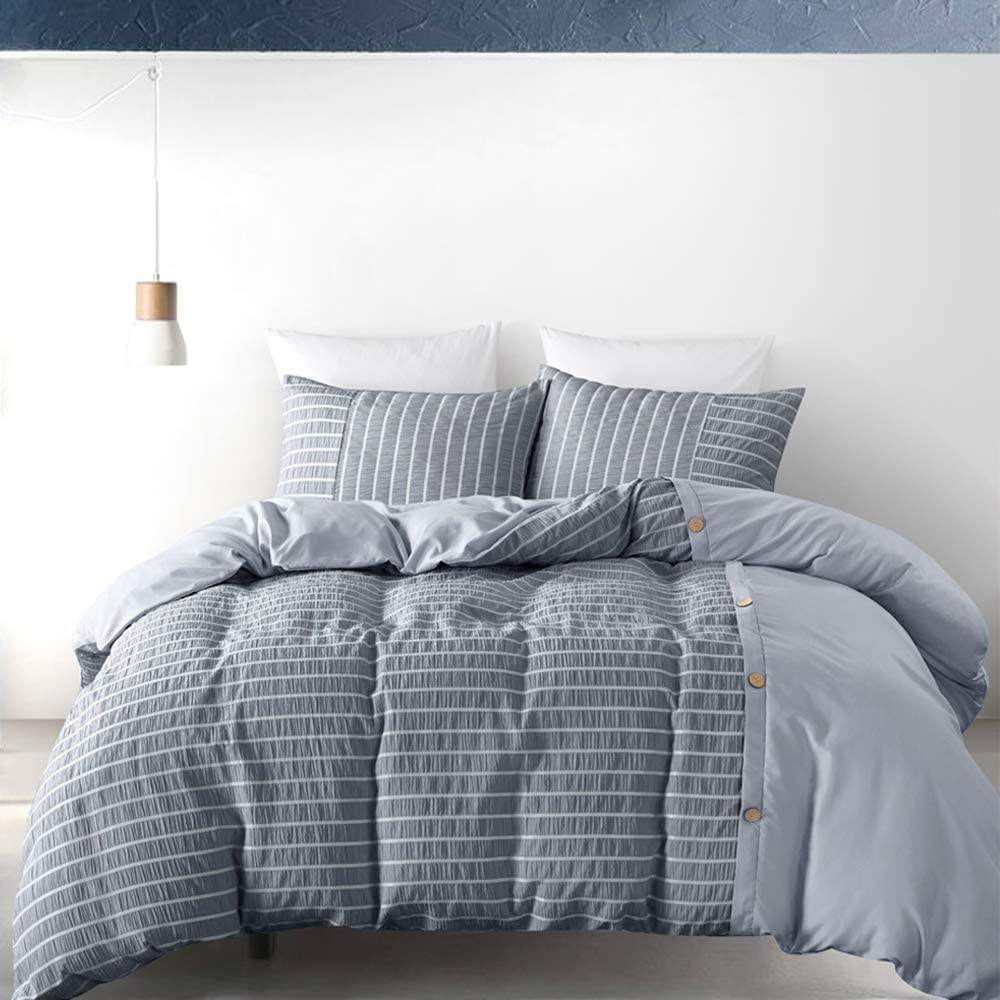 Price:$32.99    VIVILINEN Seersucker Duvet Cover Set with Button Design 3 Pieces Bedding Set Textured Striped with Zipper Closure and Corner Ties, Gray (King Size)  Home & Kitchen