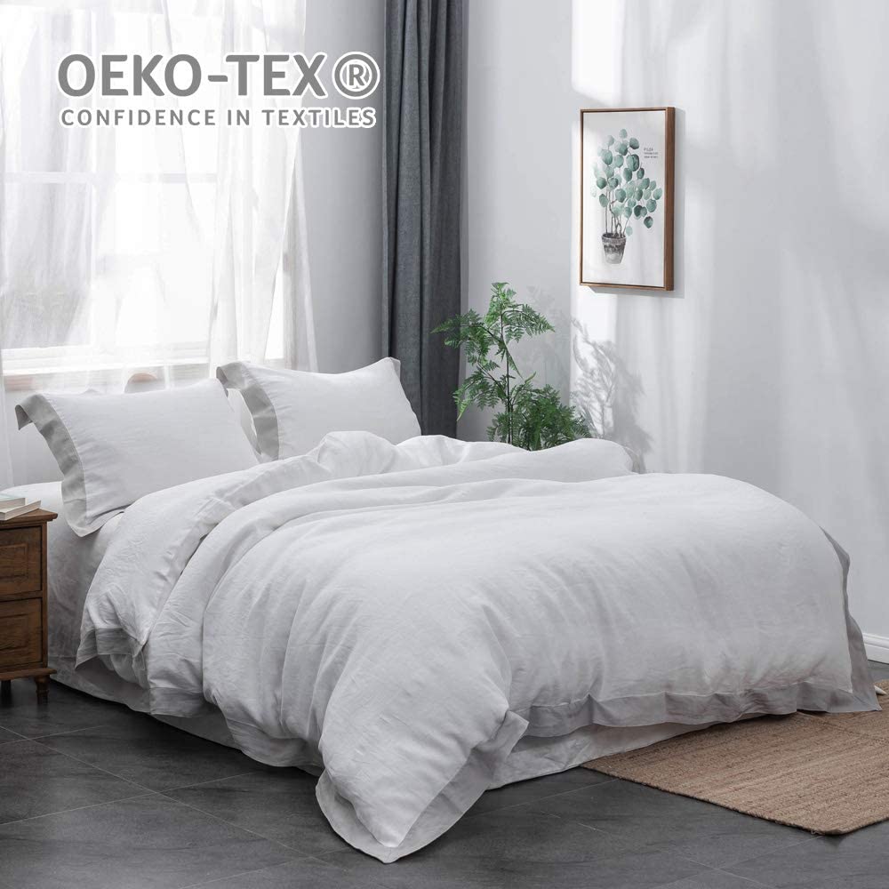 Price:$139.99    Simple&Opulence 100% Linen Duvet Cover Sets Stone Washed with Border Design（White and Grey,Queen）  Home & Kitchen