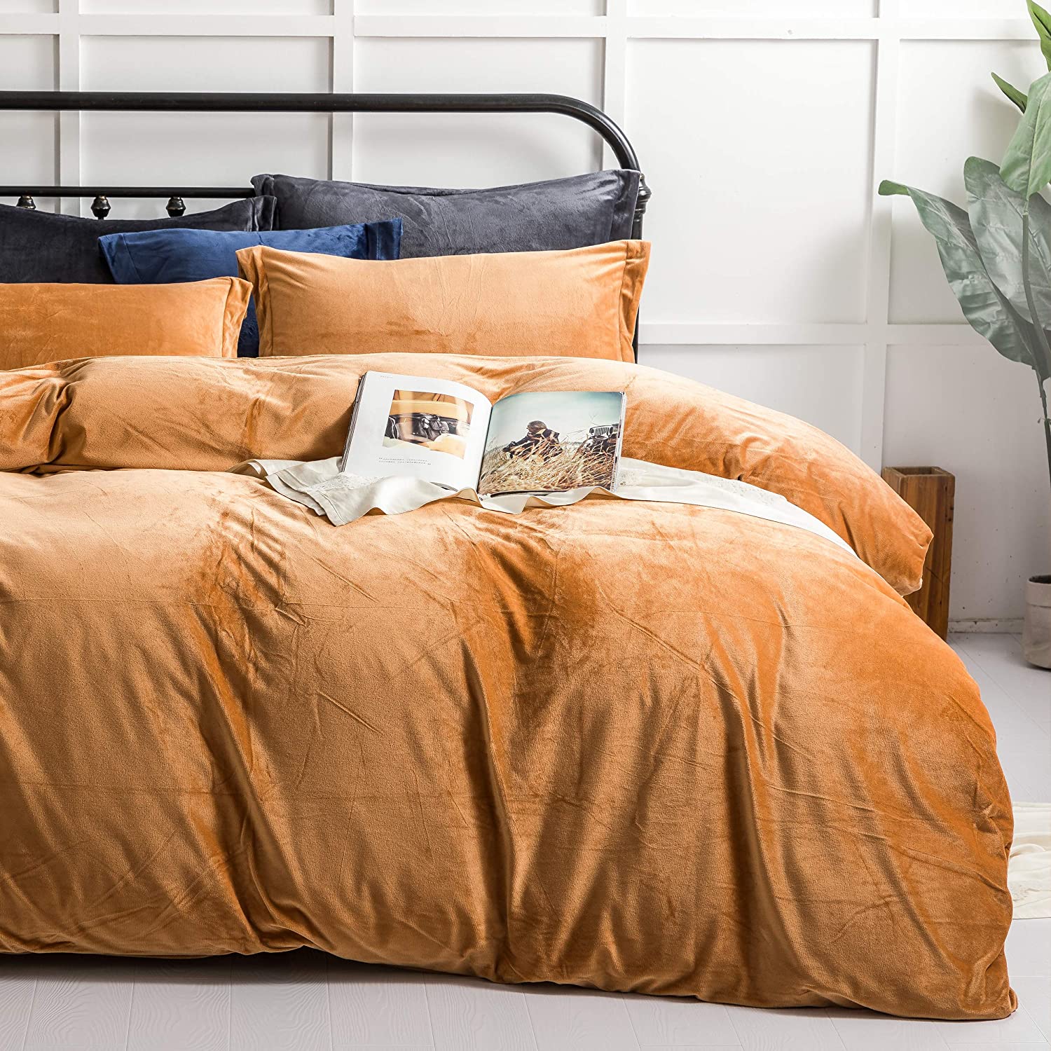 Price:$59.99    NTBAY Velvet Flannel Duvet Cover Set, 3 Pieces Zippered Comforter Cover Set, Queen, Camel  Home & Kitchen