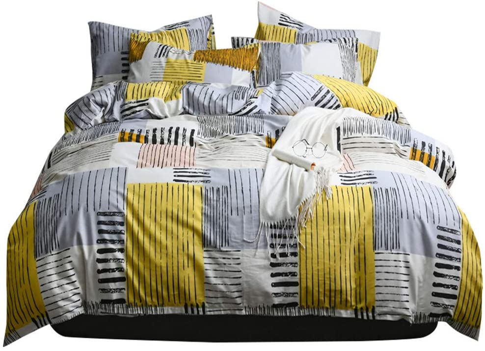 Price:$59.99    Soft Geometric Queen Duvet Cover Set 3 Piece 100 Percent Natural Cotton Plaid Striped Bedding Set Full Grey Yellow Comforter Cover for Boys Men Lightweight Breathable and Comfortable (No Comforter)  Home & Kitchen