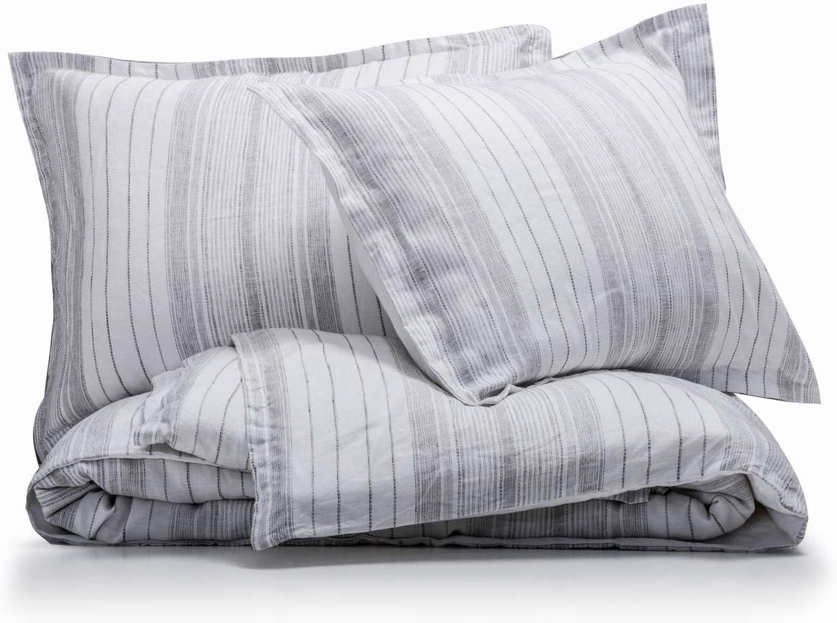 Price:$159.90    meadow park Washed Linen 3 Pieces Duvet Cover Set, 100% Yarn Dyed French Linen, Queen Size, Ticking Stripe, Super Soft, Basic Style, Grey Stripe on White  Home & Kitchen