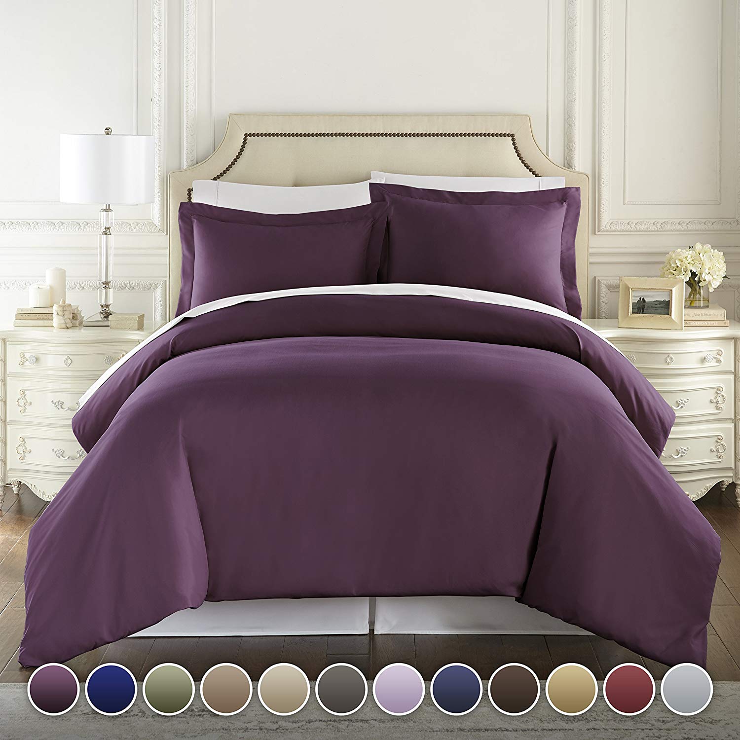 Price:$24.99    Hotel Luxury 3pc Duvet Cover Set-1500 Thread Count Egyptian Quality Ultra Silky Soft Premium Bedding Collection-King Size Eggplant  Home & Kitchen