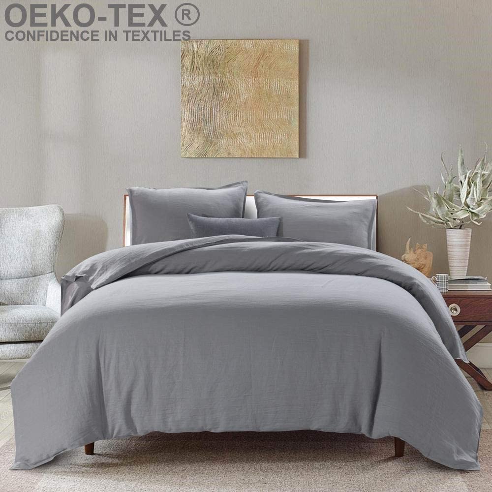 Price:$129.90    meadow park Stone Washed French Linen Duvet Cover Set 3 Pieces - Super Soft, Queen Size - 90 inches x 94 inches -Sham 20 inches x 26 inches, Basic Style, Grey Color  Home & Kitchen