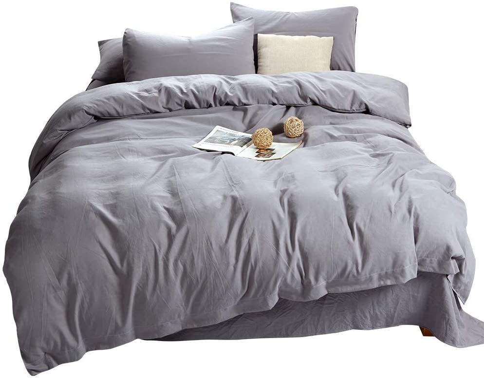 Price:$19.99    MH MYLUNE HOME Washed Cotton 3 Piece Duvet Cover Set, Ultra Soft and Easy Care, Environmental,Fade Resistant, Hypoallergenic 140g/㎡,Simple Style Bedding Set (Full, Gray)  Home & Kitchen