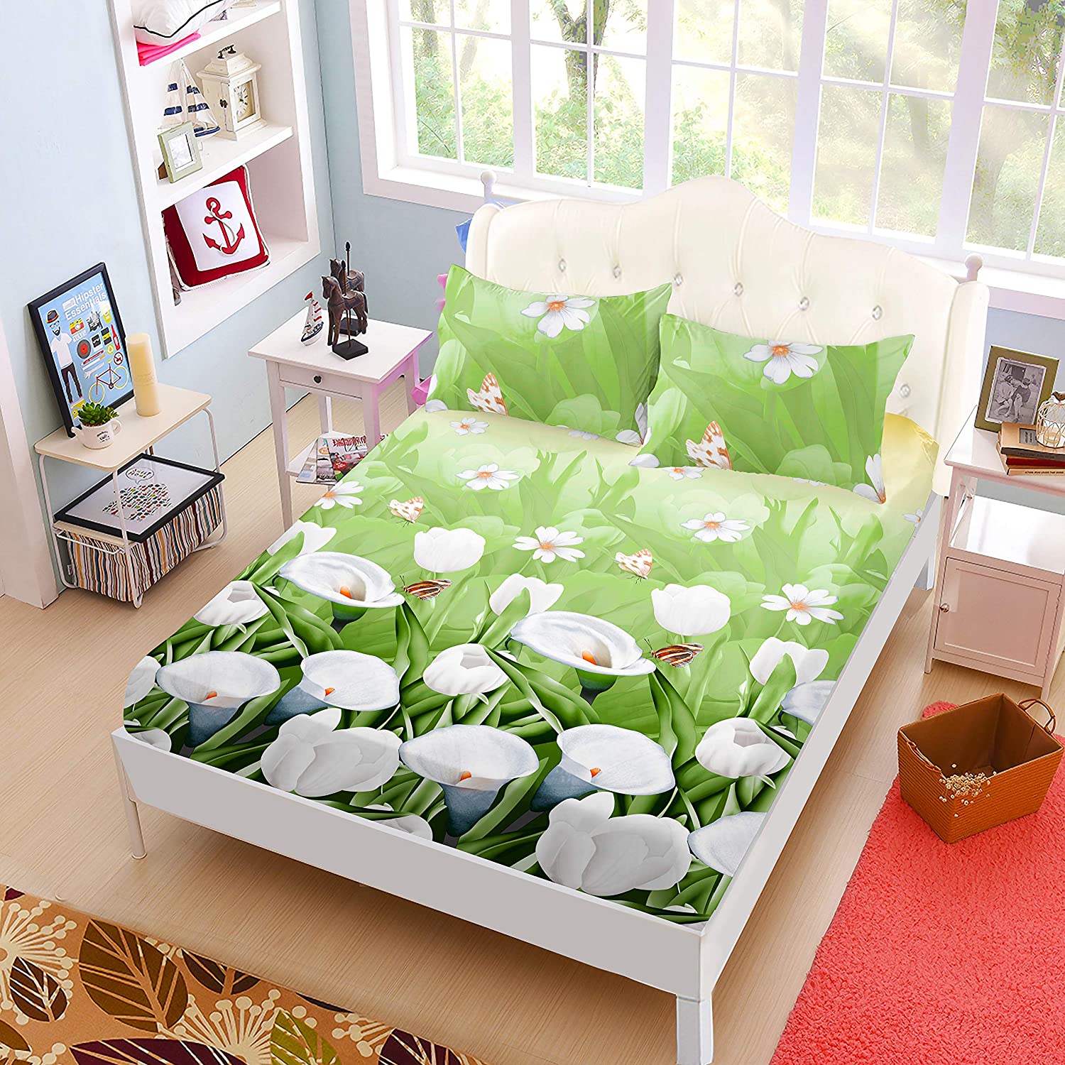 Price:$45.99    JSTextiles Tulip Floral Bedding Sets, Luxury Bright Green Print 3D Duvet Cover Sets, Floral Queen Bedding Cover Set 4 Pieces-1 Fitted Sheet+1 Flat Sheet+2 Pillow Cases(No Comforter)  Home & Kitchen