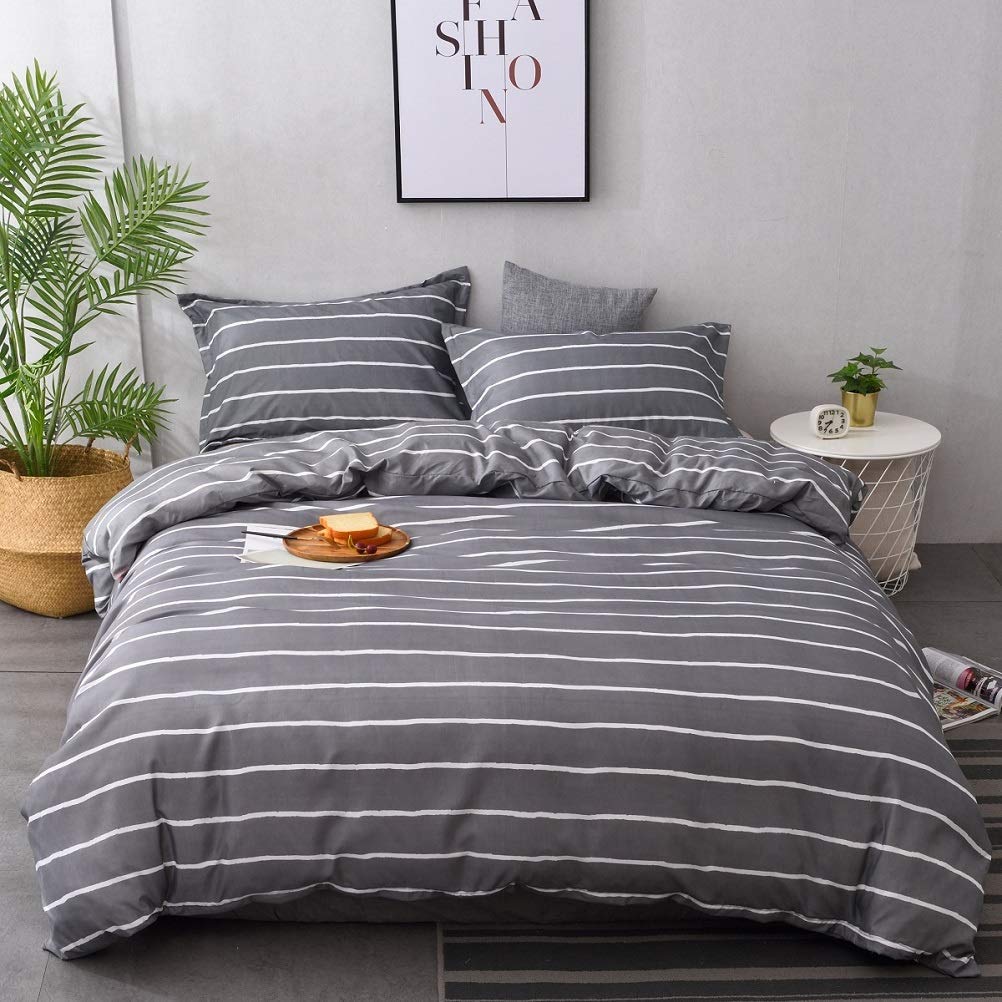Price:$29.99    M&Meagle Lightweight Microfiber Duvet Cover Gray,Stripe Print Pattern Bedding Sets,Zipper & Tie for Women & Men's Bedroom - Queen Size(3Pcs,1 Duvet Cover 2 Pillowcases)  Home & Kitchen