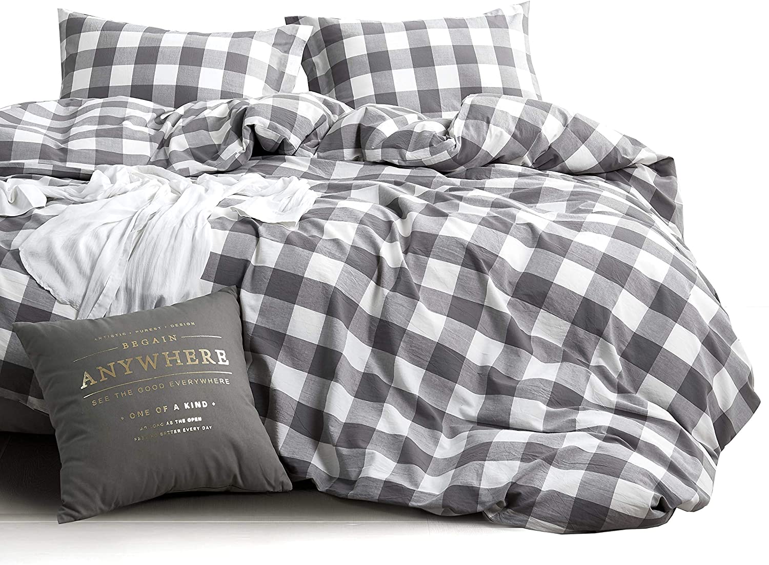 Price:$54.99    Wake In Cloud - Washed Cotton Duvet Cover Set, Buffalo Check Gingham Plaid Geometric Checker Pattern Printed in Gray Grey and White, 100% Cotton Bedding, with Zipper Closure (3pcs, King Size)  Home & Kitchen