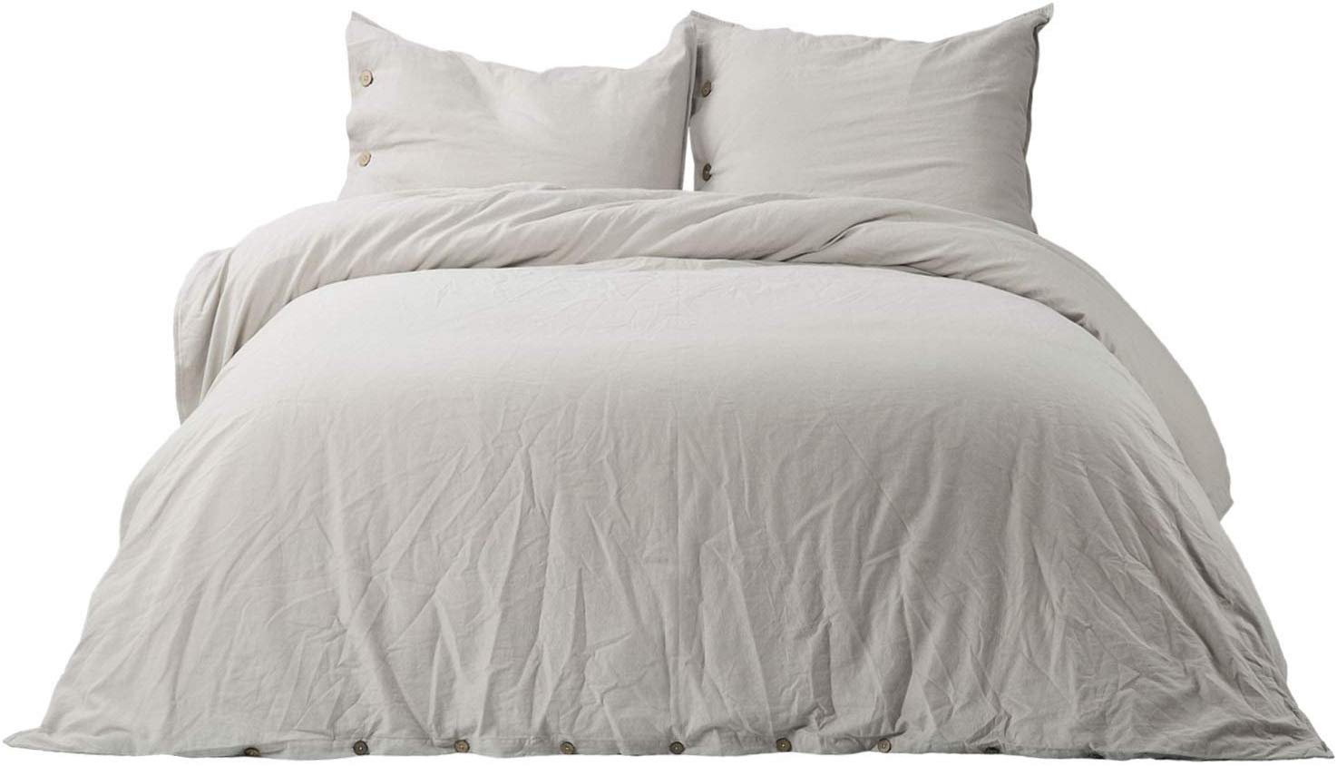 Price:$60.99    Bedsure 45% Cotton 55% Linen Duvet Cover Queen with 2 Pillow Shams - Full Size(90x90 inches), 3 Pieces Ultra Soft Breathable Beding Comforter Cover Sets with Button Closure, Greige Natural Color  Home & Kitchen