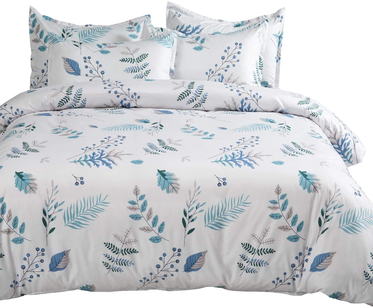 Price:$19.99    MIMONG Botanical Duvet Cover Set, 100% Microfiber Bedding, Gray and Blue Leaves Floral Garden Pattern Printed on White (3pcs, King Size)  Home & Kitchen