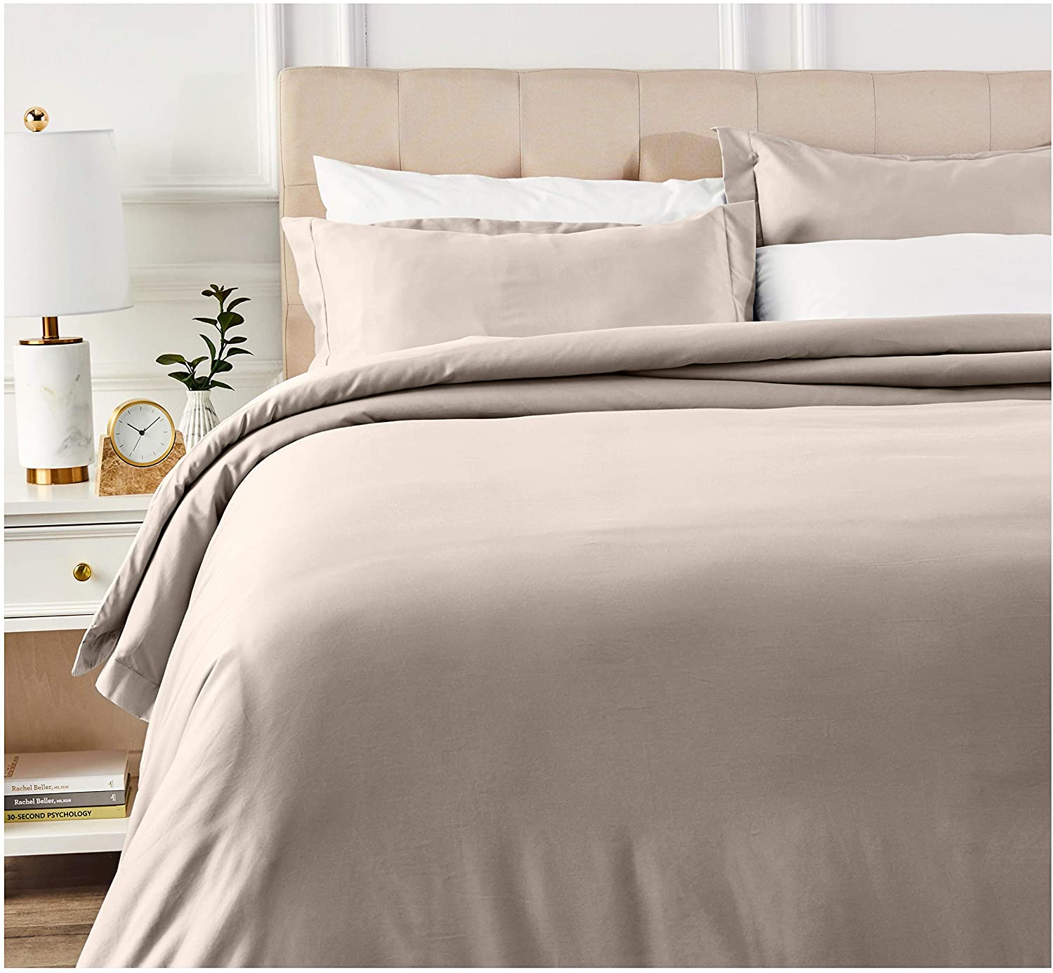 Price:$32.94    AmazonBasics 400 Thread Count Cotton Duvet Cover Set with Sateen Finish - Full/Queen, Stone Grey  Home & Kitchen