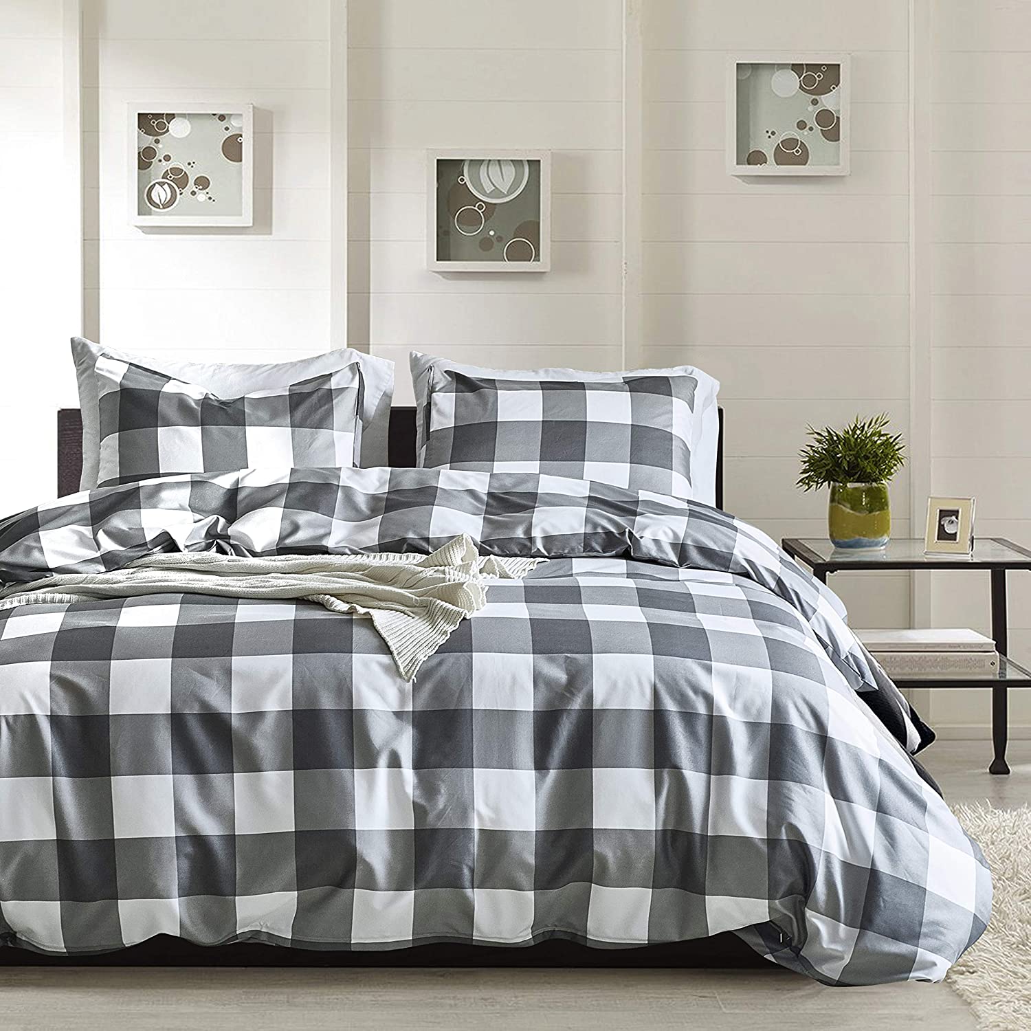 Price:$23.99    Yasosing Home Bedding 3 Piece Duvet Cover Set 1 Duvet Cover+2 Pillowcases Ultra Soft Brushed Microfiber Modern Grey White Plaid Geometric Pattern Printed Comforter Cover Zipper Closure Queen 90"x90"  Home & Kitchen