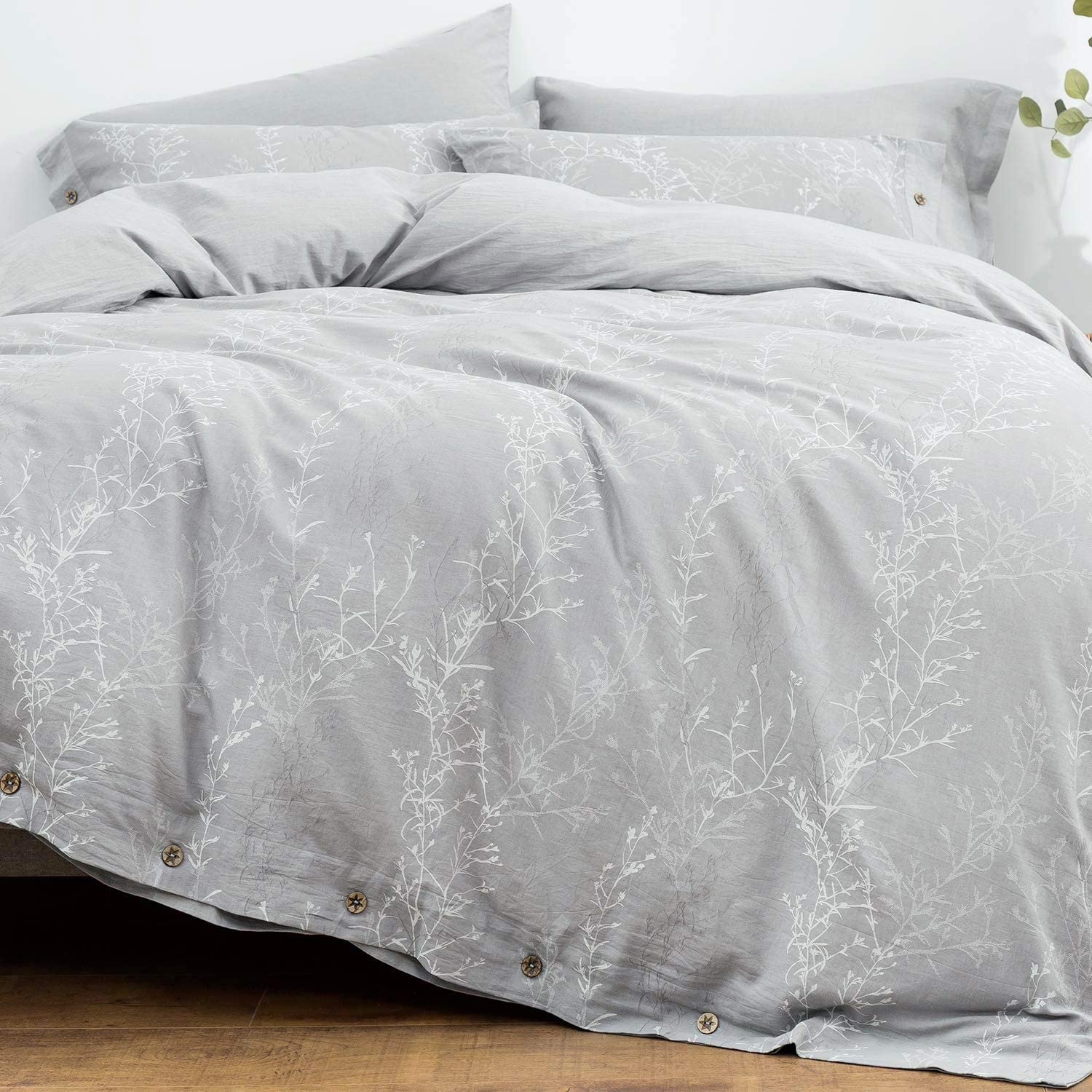 Price:$78.99    OREISE Duvet Cover Set King Size Washed Cotton Yarn, Jacquard Gray and White Thin Branch Pattern Floral Style 3Piece Bedding Set  Home & Kitchen