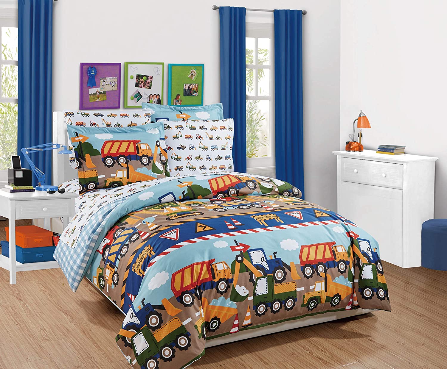 Price:$22.99    MK Home 3pc Full Duvet Set Teens/Boys Construction Trucks Tractors Blue Red Yellow New  Home & Kitchen