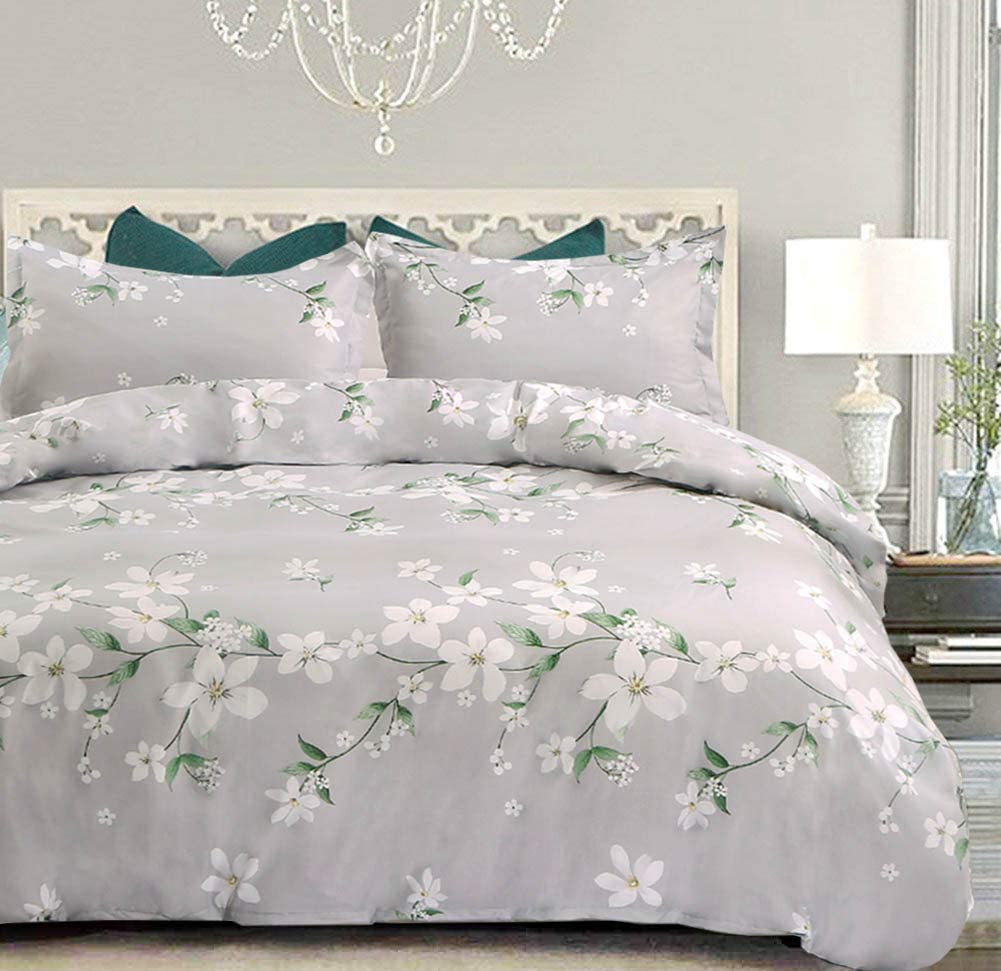 Price:$29.99    NANKO Gray Duvet Cover Set Queen - Floral Printed, 3 Piece - 1200 Thread Count Luxury Microfiber Down Quilt Bedding Cover with Zipper Ties for Women Rustic Farmhouse, Grey White Flower  Home & Kitchen