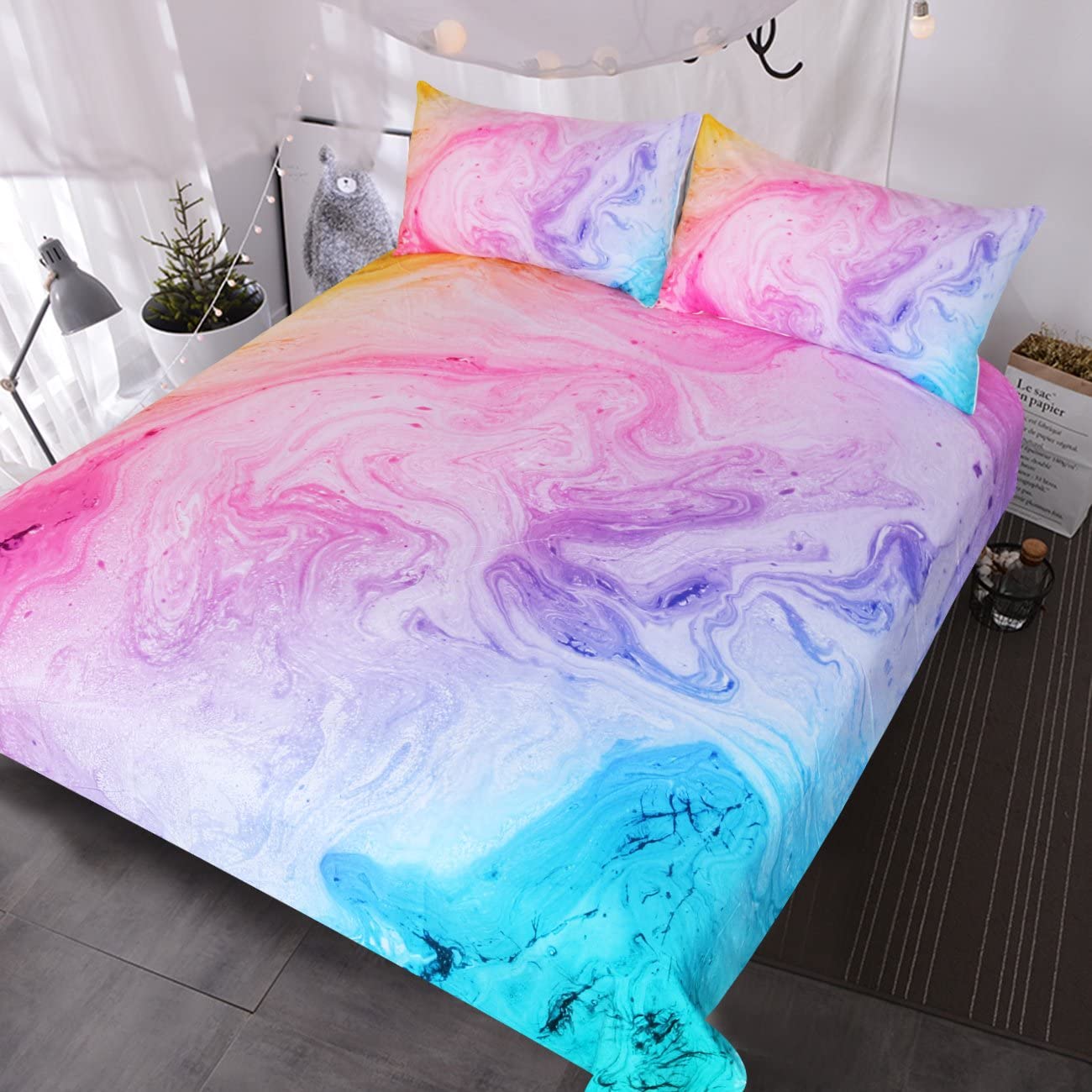 Price:$37.95    BlessLiving Colorful Marble Bedding Pastel Pink Blue Purple Duvet Cover Set Marble Abstract Art Bed Set 3 Piece Bright Girly Bedspreads (Twin)  Home & Kitchen