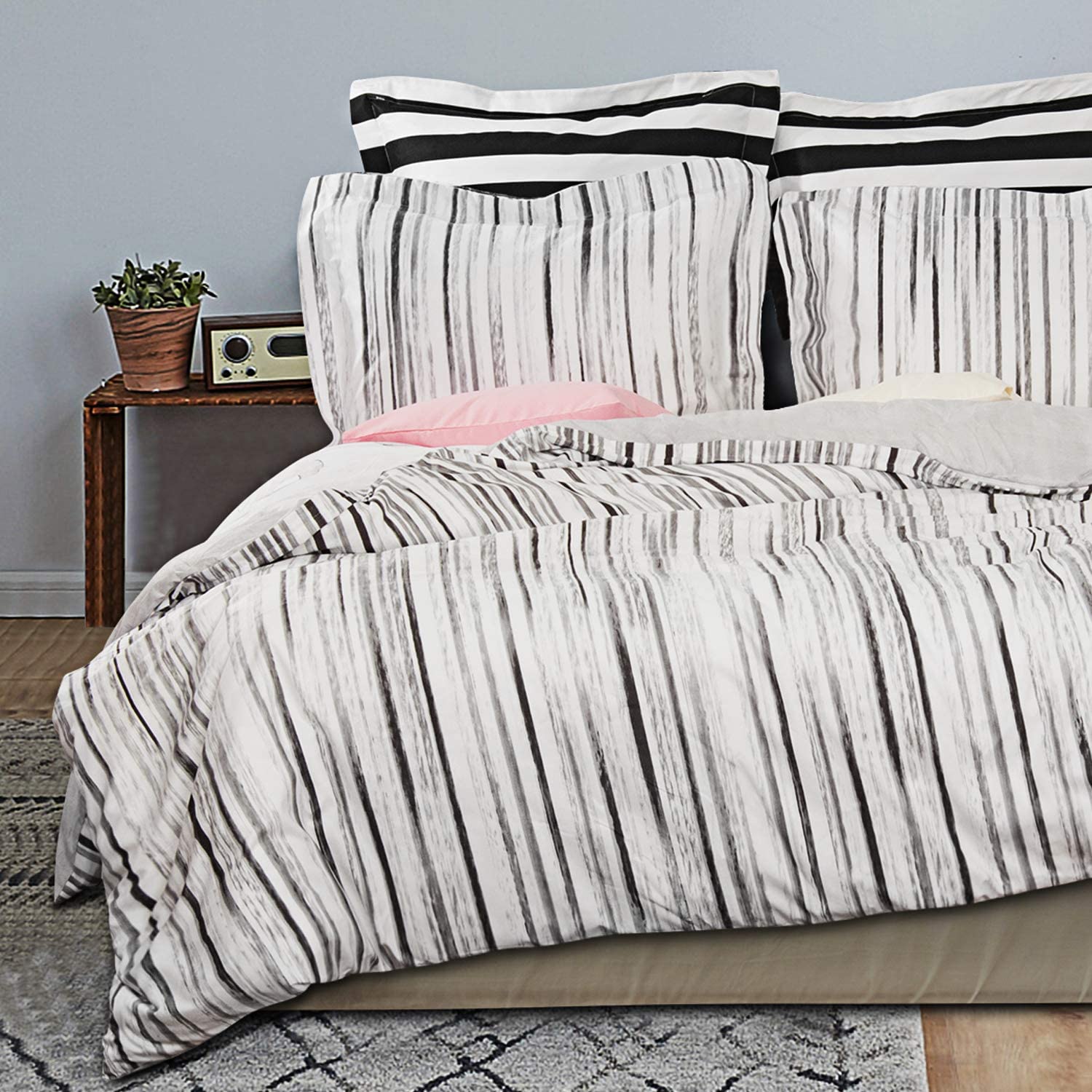 Price:$26.99    NTBAY 3 Pieces Microfiber Duvet Cover Set, Ultra Soft Zipper Closure Pattern Bedding Set, Queen Size, Grey and White Striped  Home & Kitchen