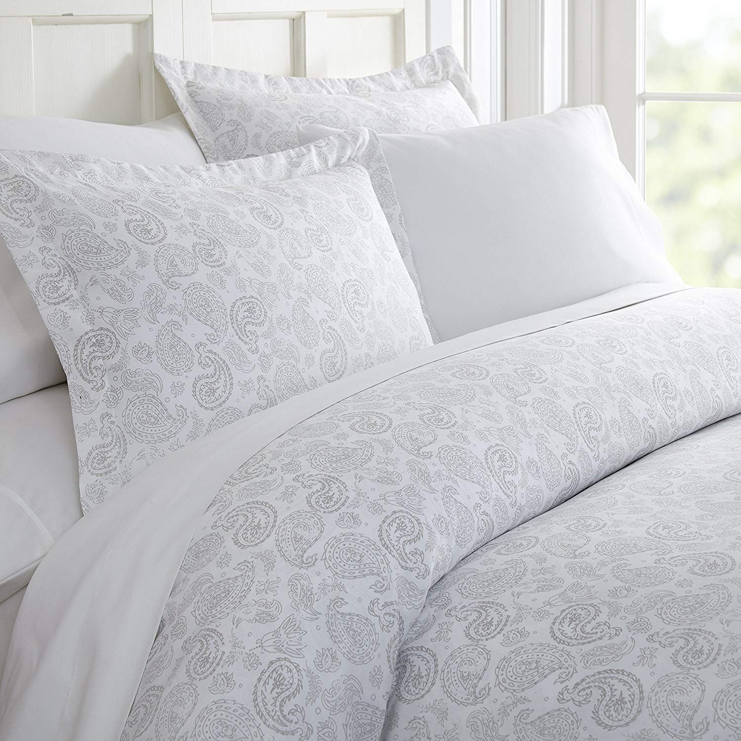 Price:$29.99    CELINE LINEN Luxury Silky Soft Coziest 1500 Thread Count Egyptian Quality 3-Piece Duvet Cover Set |Coarse Paisley Pattern| Wrinkle Free, 100% Hypoallergenic, King/California King, Light Grey  Home & Kitchen
