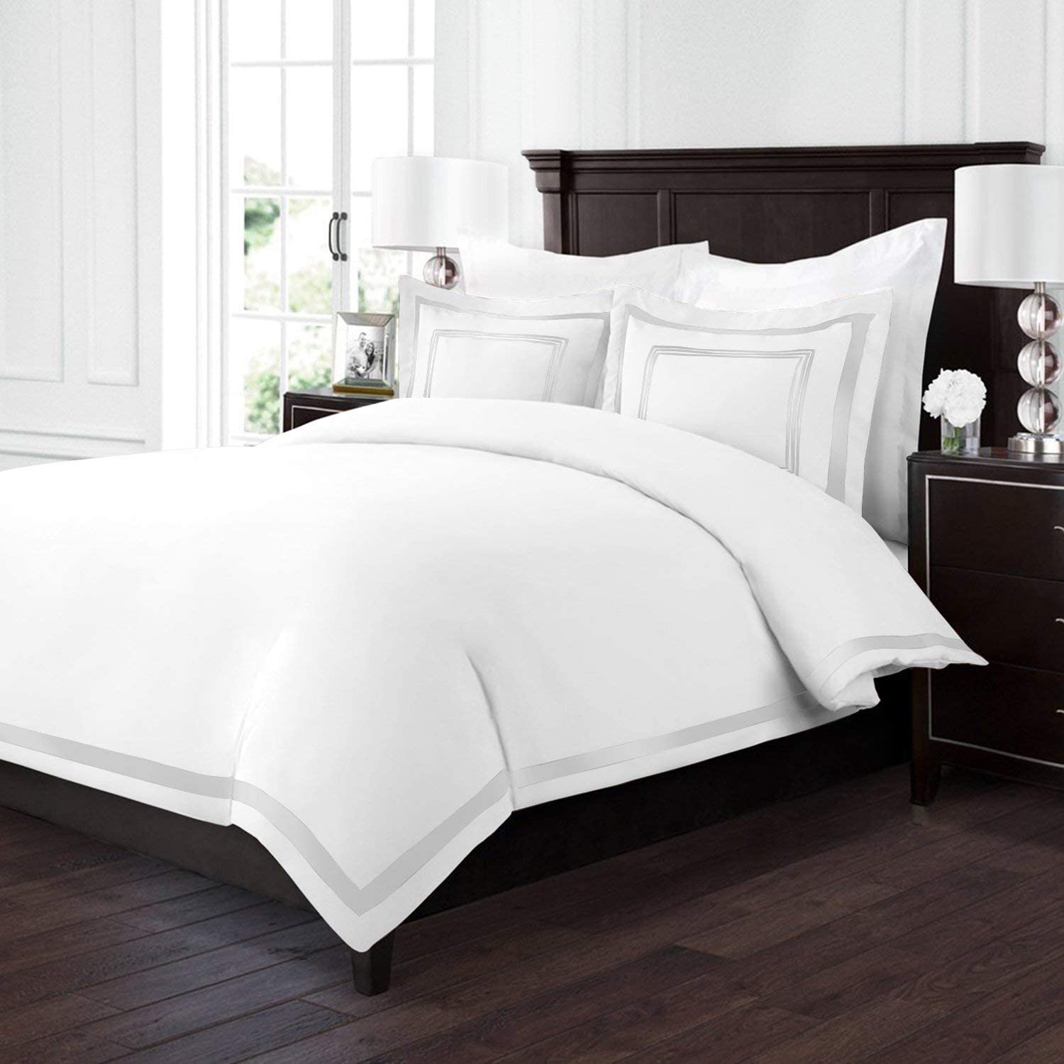 Price:$28.99    Sleep Restoration Luxury Soft Brushed Embroidered Microfiber Duvet Cover Set with Beautiful Trim & Embroidery Details - Hypoallergenic - King/Cal King - White/Silver  Home & Kitchen