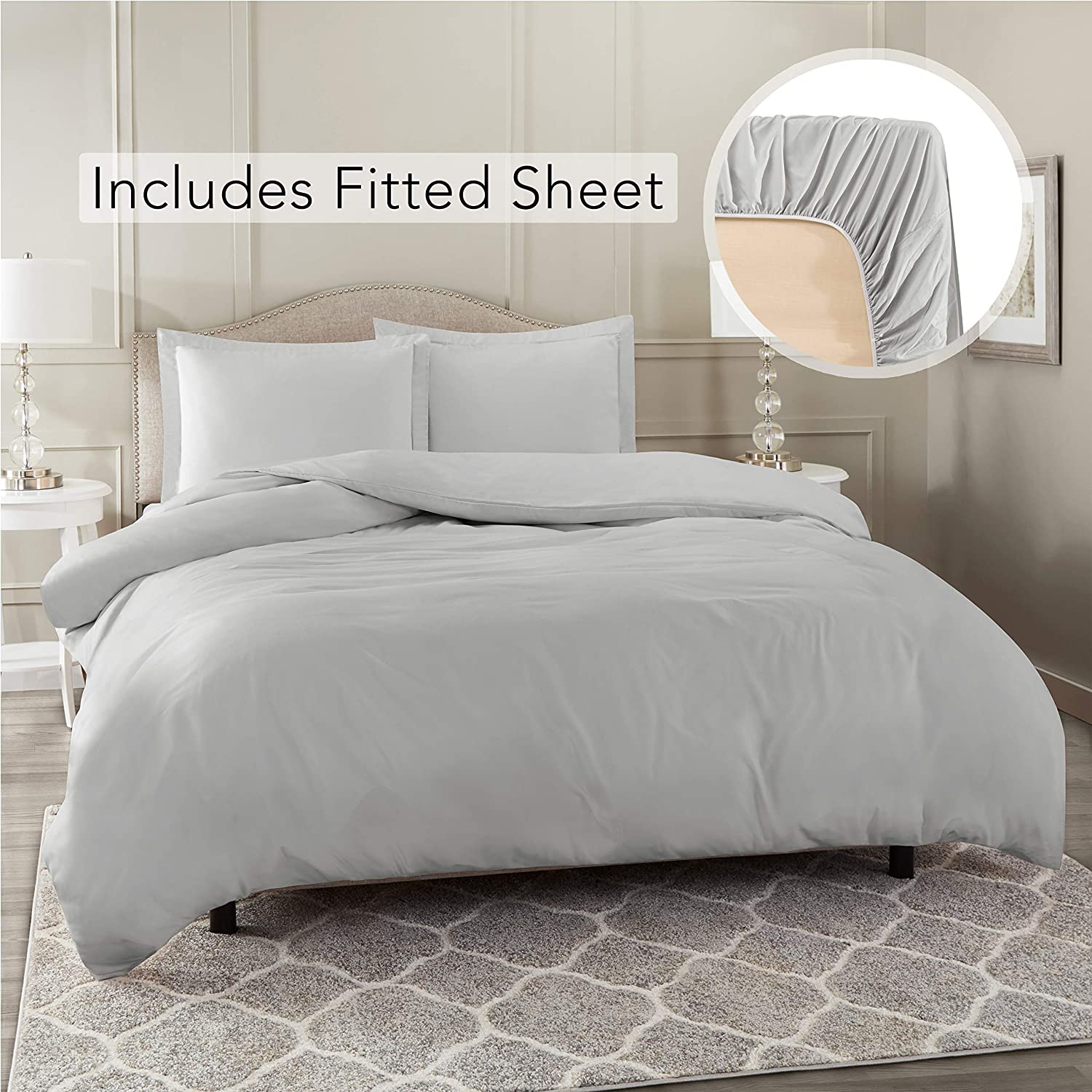 Price:$36.99    Nestl Bedding Duvet Cover with Fitted Sheet 4 Piece Set - Soft Double Brushed Microfiber Hotel Collection - Comforter Cover with Button Closure, Fitted Sheet, 2 Pillow Shams, Full - Silver  Home & Kitchen