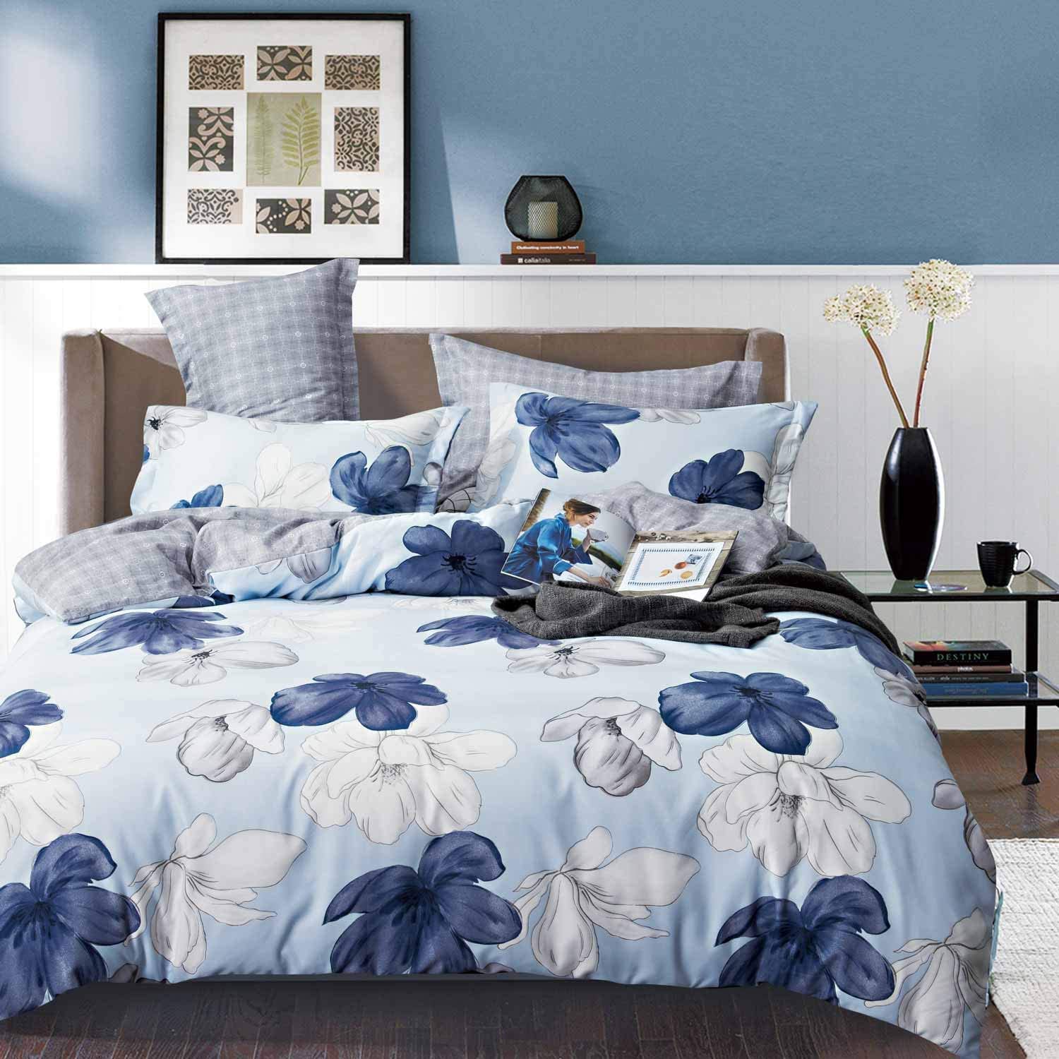Price:$27.99    NANKO Duvet Cover Queen Set 3 Piece - Blue and White Floral Flower Print Patter 90x90 Soft Luxury Microfiber Quilt Cover with Zipper Closure, Ties - Best Modern Style for Men Women Young Teens  Home & Kitchen