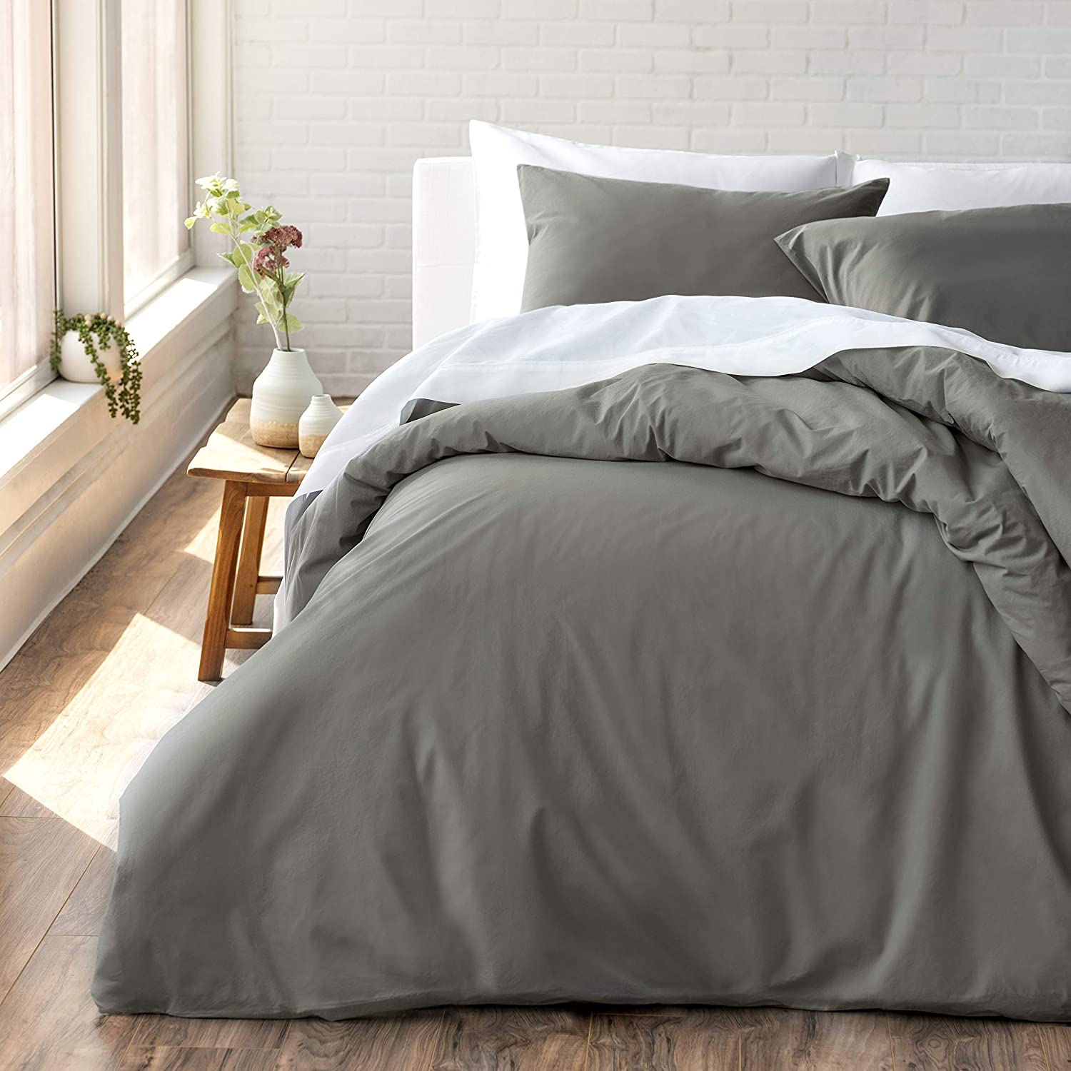 Price:$99.99    Welhome Cozy 100% Cotton Percale Washed Reversible Duvet Set - Full/Queen Size - 88" x 92" - Cool - Lightweight - Supersoft - Breathable - Machine Washable - Pewter  Home & Kitchen