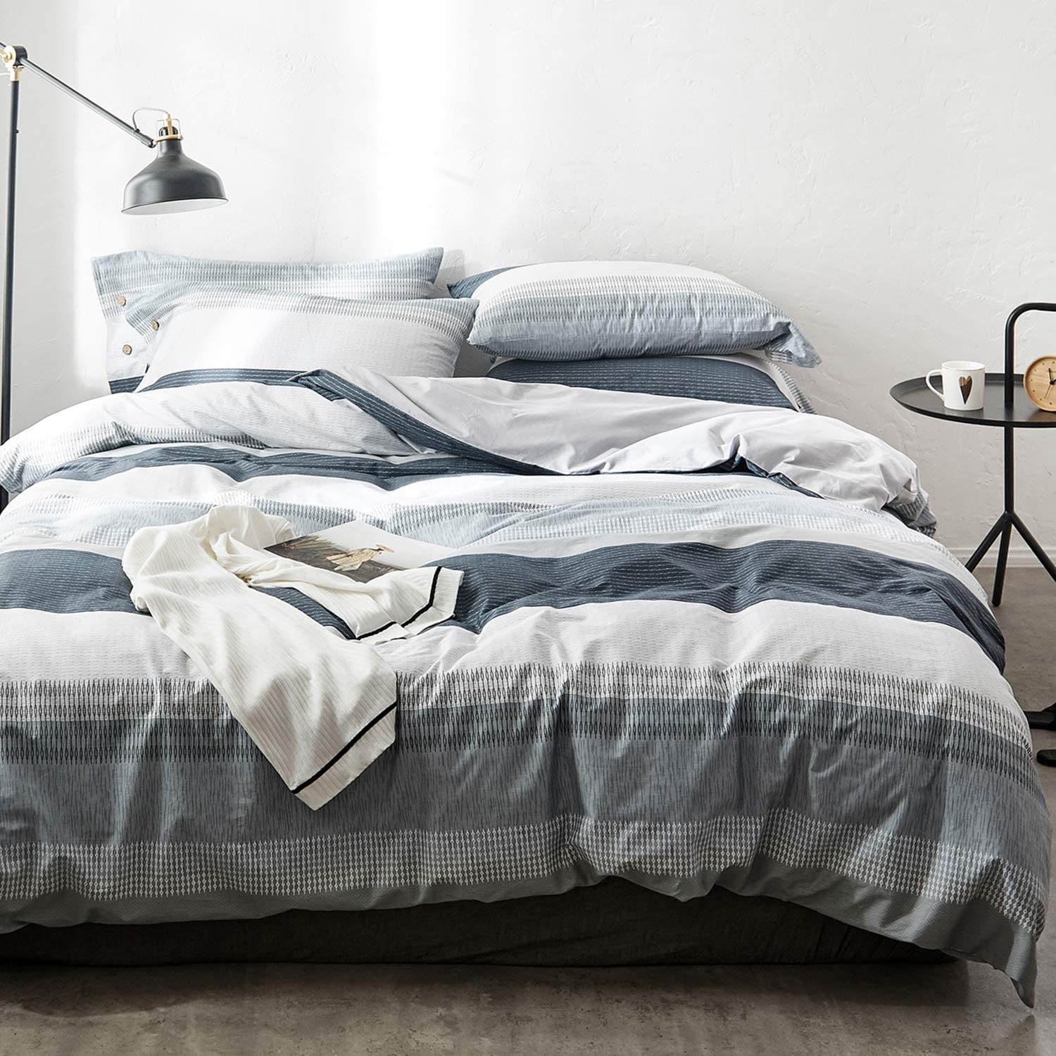 Price:$53.99    OREISE Duvet Cover Set King Size 100% Cotton Bedding Set Gray Blue White Printed Striped Style,3Piece (1 Duvet Cover + 2 Pillowcase),Comfortable Luxurious Hypoallergenic  Home & Kitchen