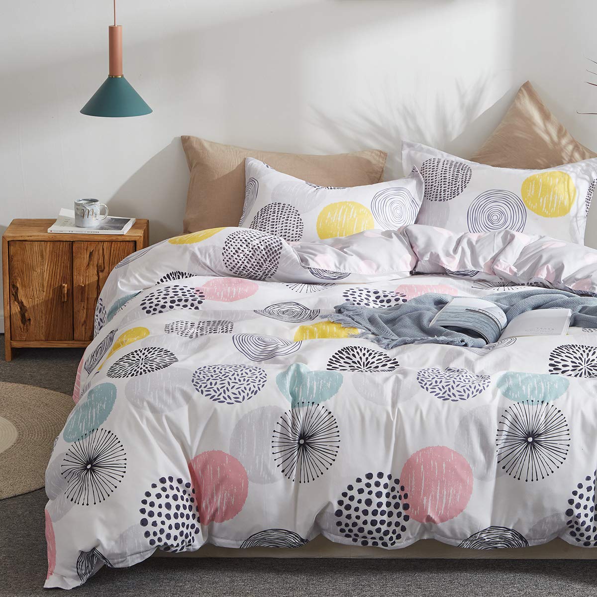 Price:$33.99    Uozzi Bedding 3 Piece Duvet Cover Set King (1 Duvet Cover + 2 Pillow Shams) with Colorful Dots, 800 - TC Comforter Cover with Zipper Closure, 4 Corner Ties - Pink Gray Yellow Circles for Adult Kids  Home & Kitchen