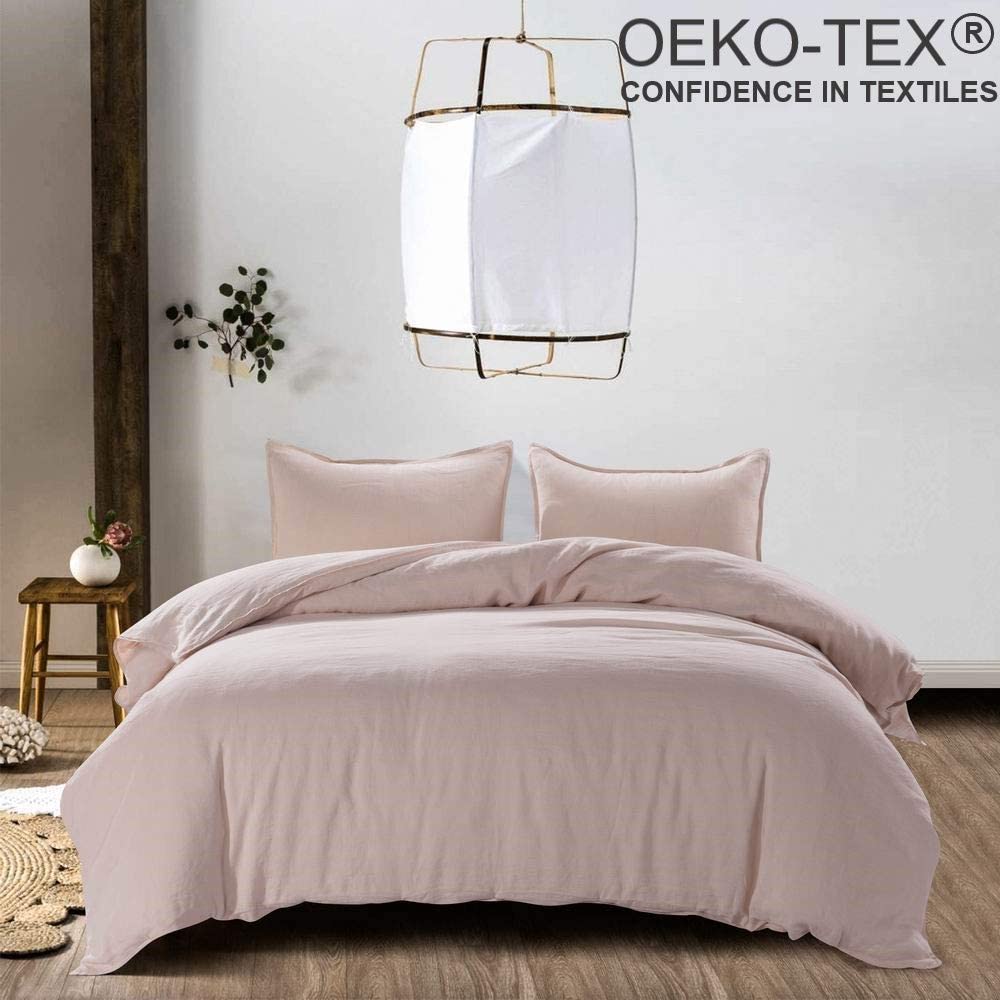 Price:$129.90    meadow park Stone Washed French Linen Duvet Cover Set 3 Pieces - Super Soft, Queen Size - 90 inches x 94 inches -Sham 20 inches x 26 inches, Basic Style, Pale Pink Color  Home & Kitchen