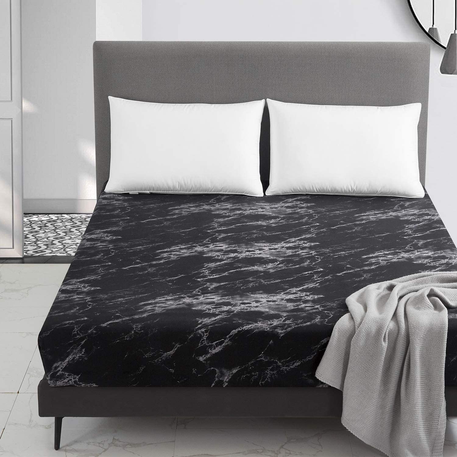 Price:$19.99    OSVINO Premium 100% Microfiber Modern Mable Pattern Fitted Sheet Soft Hypo-allergenic Wrinkle Resistant Durable Deep Pocket Bedding Bottom Sheet, Black, Queen  Home & Kitchen