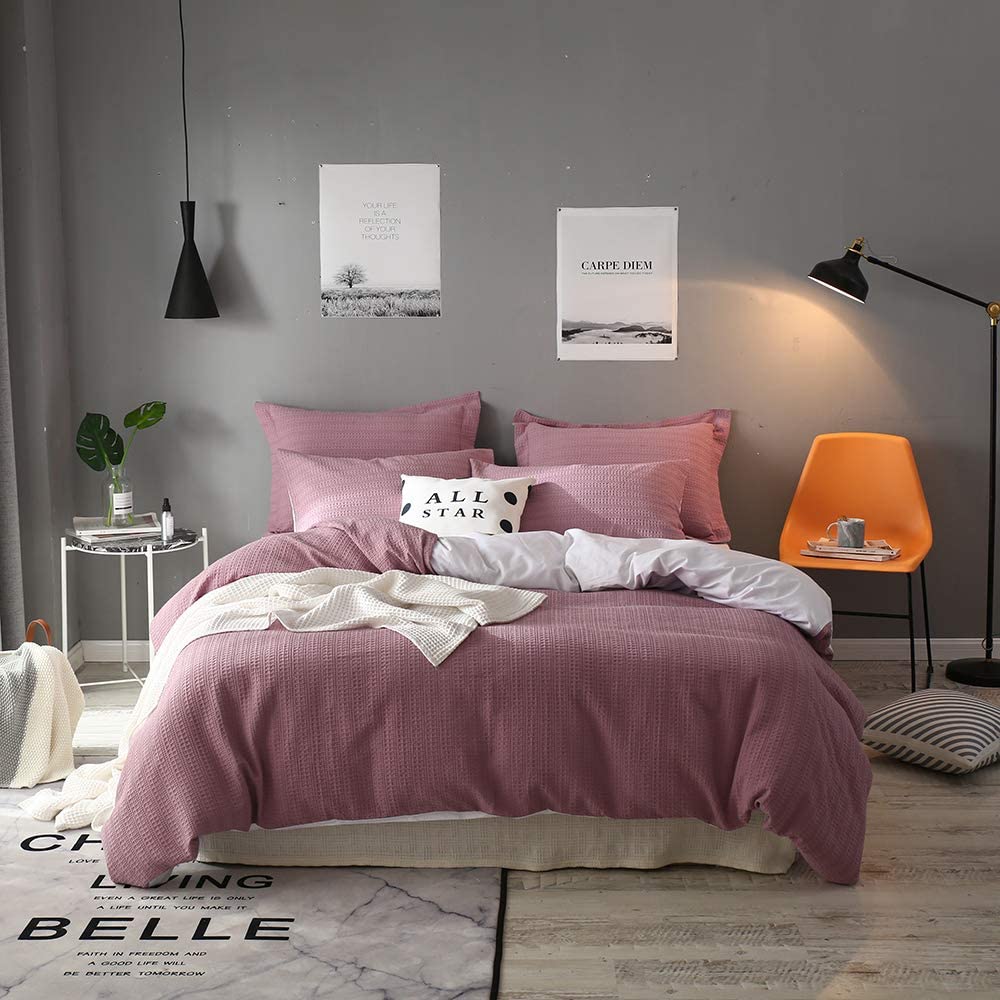 Price:$79.99    Lausonhouse Cotton Duvet Cover Set,100% Cotton Yarn Dyed Waffle Woven Stripe Duvet Cover Set - Queen Mauve  Home & Kitchen
