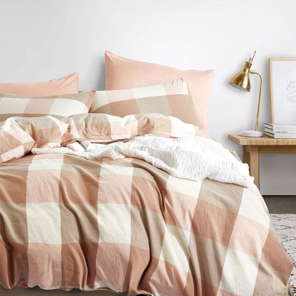 Price:$55.99    ATsense Duvet Cover Queen, 100% Washed Cotton, Bedding Duvet Cover Set, 3-Piece, Ultra Soft and Easy Care, Simple Style Farmhouse Bedding Set (Pink Grid Y7004-3)  Home & Kitchen