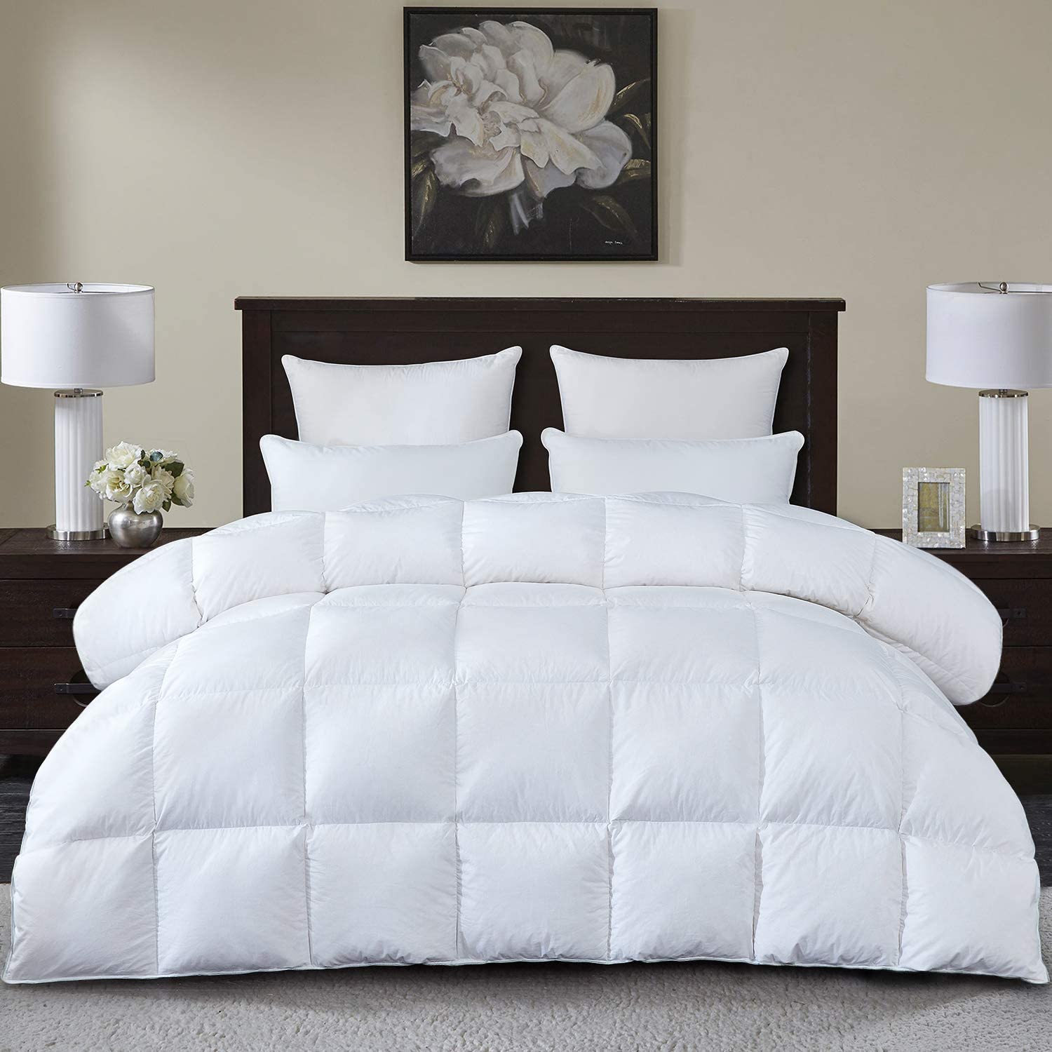 Price:$108.99    RS Bedding Luxurious All Season White Goose Down Comforter Duvet Insert Queen Size,1000 Thread Count 100% Cotton Shell 750+ Fill Power 42 Oz Fill Weight, Hypoallergenic (White Solid, Queen)  Home & Kitchen