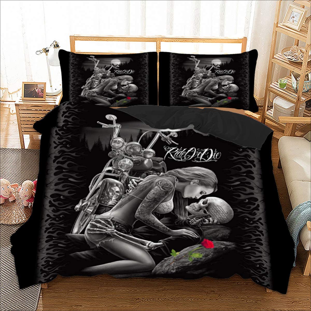 Price:$29.89    Skull Duvet Cover Queen 3D Ride or Die Skull Printed Bedding Duvet Cover with Zipper Closure for Adults, 3 Pieces(1 Duvet Cover +2 Pillowcases) Soft Microfiber Bedding 90"x 90"  Home & Kitchen