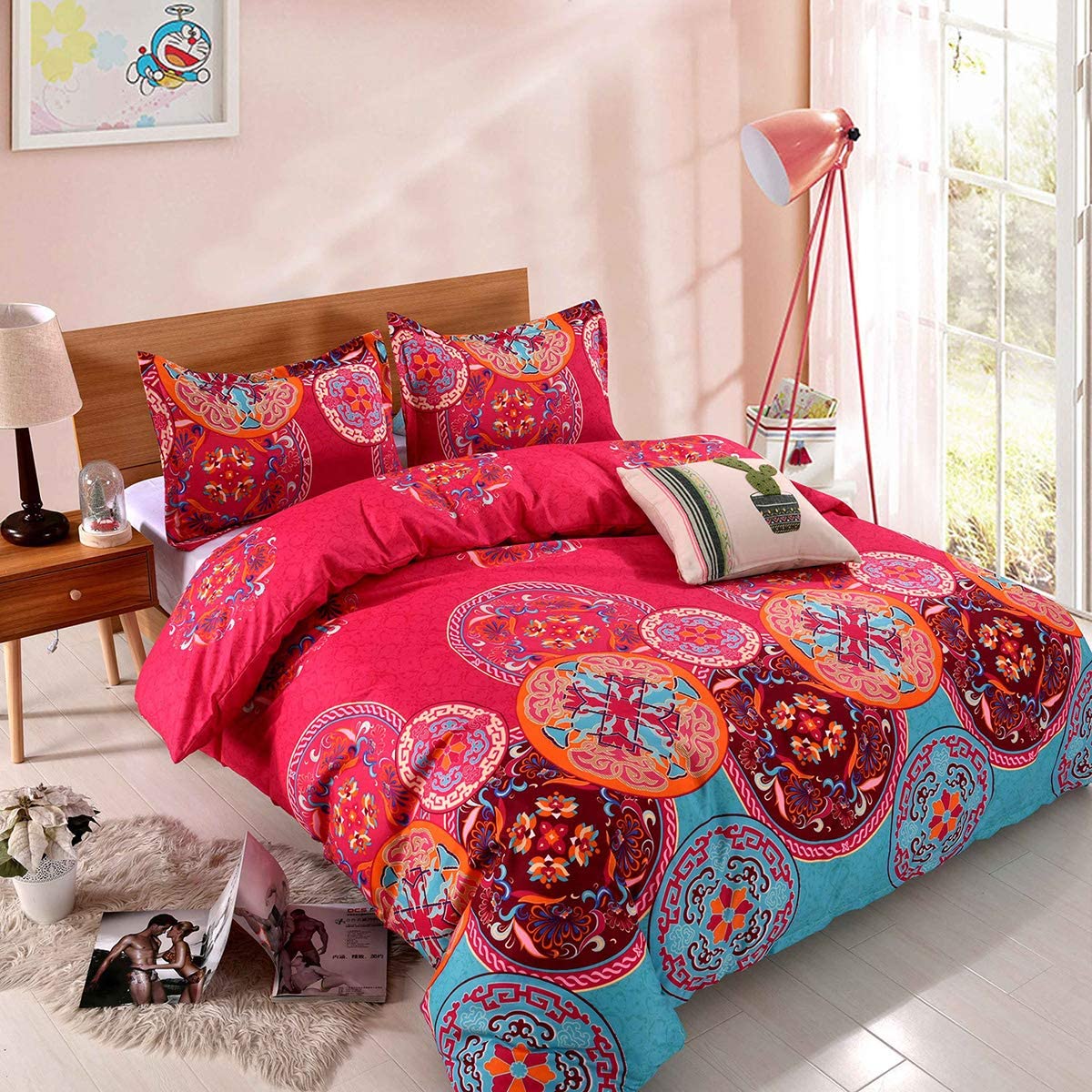 Price:$19.95    YMY Lightweight Microfiber Duvet Cover Set, Bohemian Exotic Floral Bedding Set (Bright Pink, Queen)  Home & Kitchen