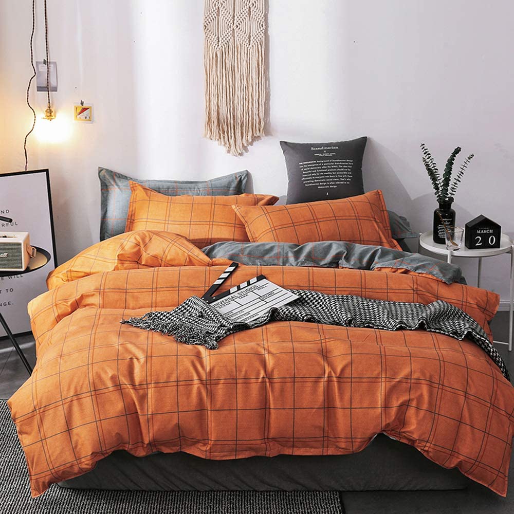 Price:$31.60    Nattey Simple Duvet Cover Set with Zipper Bedding Set (Queen, Orange Grid)  Home & Kitchen