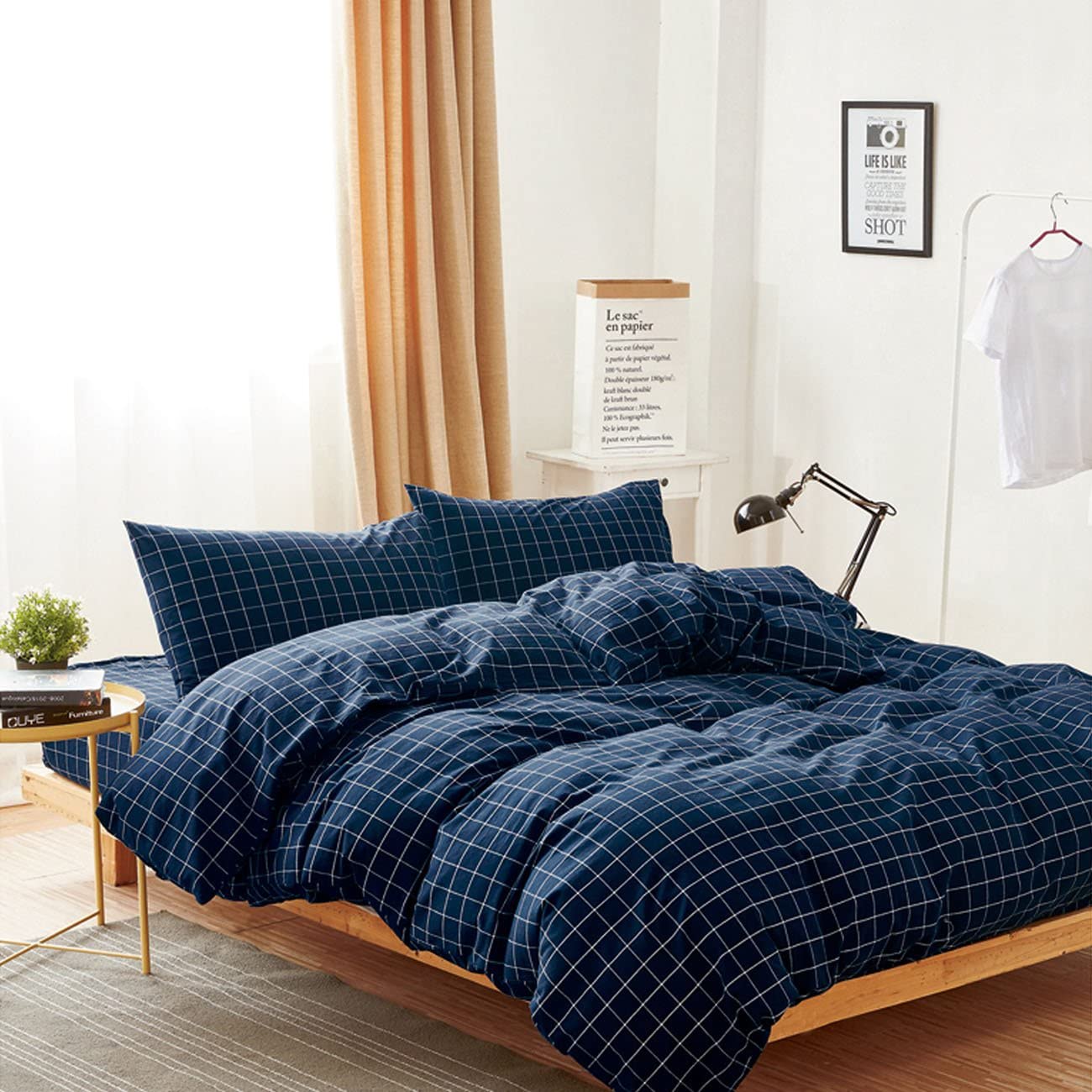 Price:$39.99    Wake In Cloud - Navy Grid Duvet Cover Set, 100% Washed Cotton Bedding, Navy Blue with White Grid Plaid Geometric Pattern Printed, with Zipper Closure (3pcs, Twin Size)  Home & Kitchen