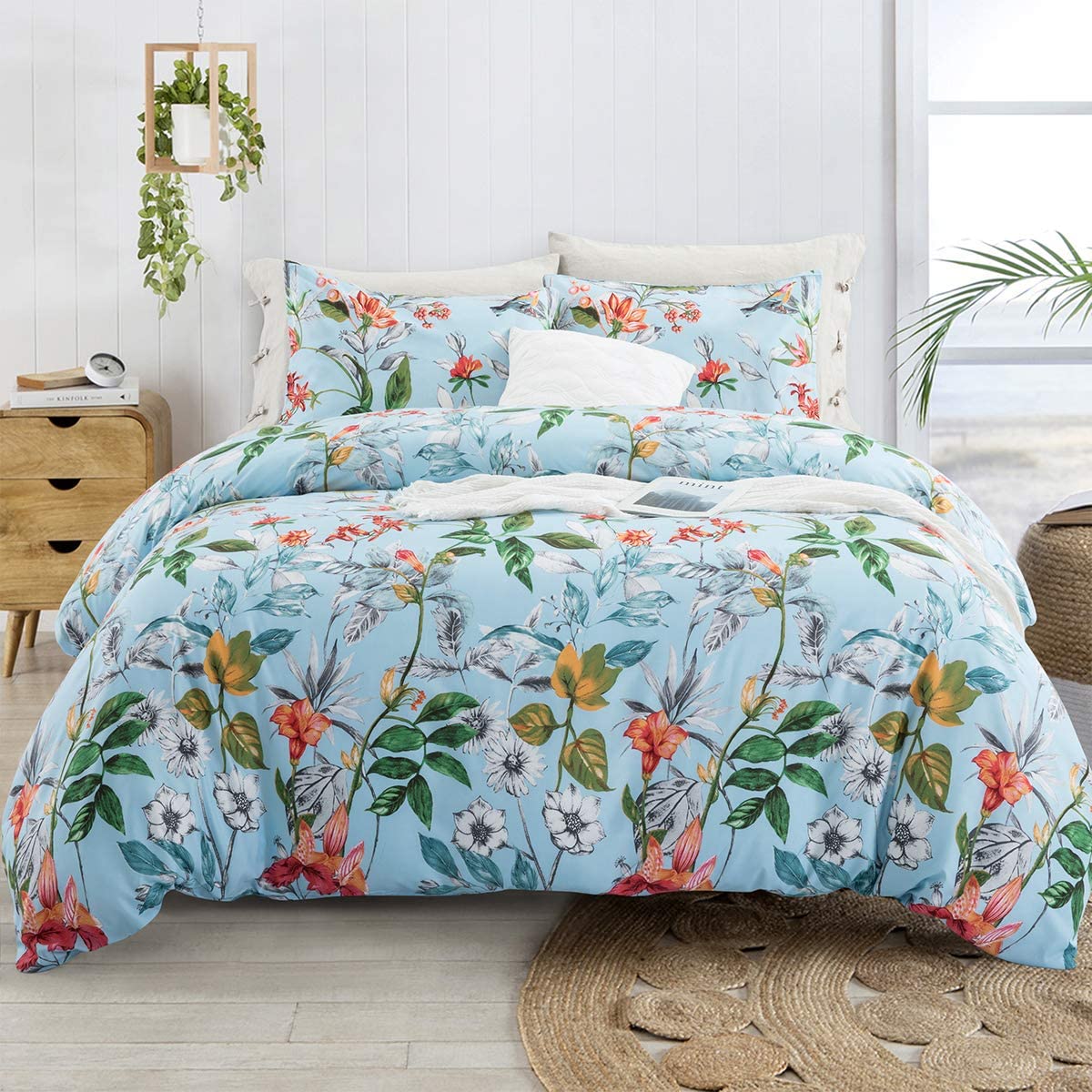 Price:$19.99    ARTALL 3 Pcs Soft Printing Duvet Cover Set Comforter Quilt Cover Bedding Set, Flowers and Leaves Pattern, Blue, Full/Queen(90"x90")  Home & Kitchen