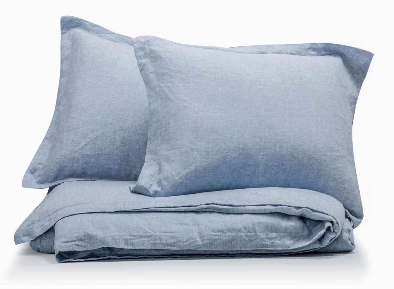 Price:$149.00    meadow park Washed Linen Chambray 3 Pieces Duvet Cover Set, 100% Yarn Dyed French Linen, Queen Size, Super Soft, Flanged Style, Heathered Blue  Home & Kitchen