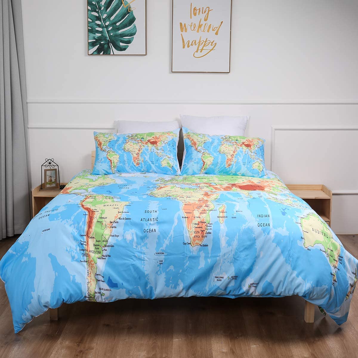 Price:$29.99    World Map Bedding Set Twin Size,Blue Ocean and Yellow Land Duvet Cover with Zipper Closure,2 Pieces Soft Microfiber Blue Quilt Cover with 1 Pillowcases Twin Size 68"x 86"  Kitchen & Dining