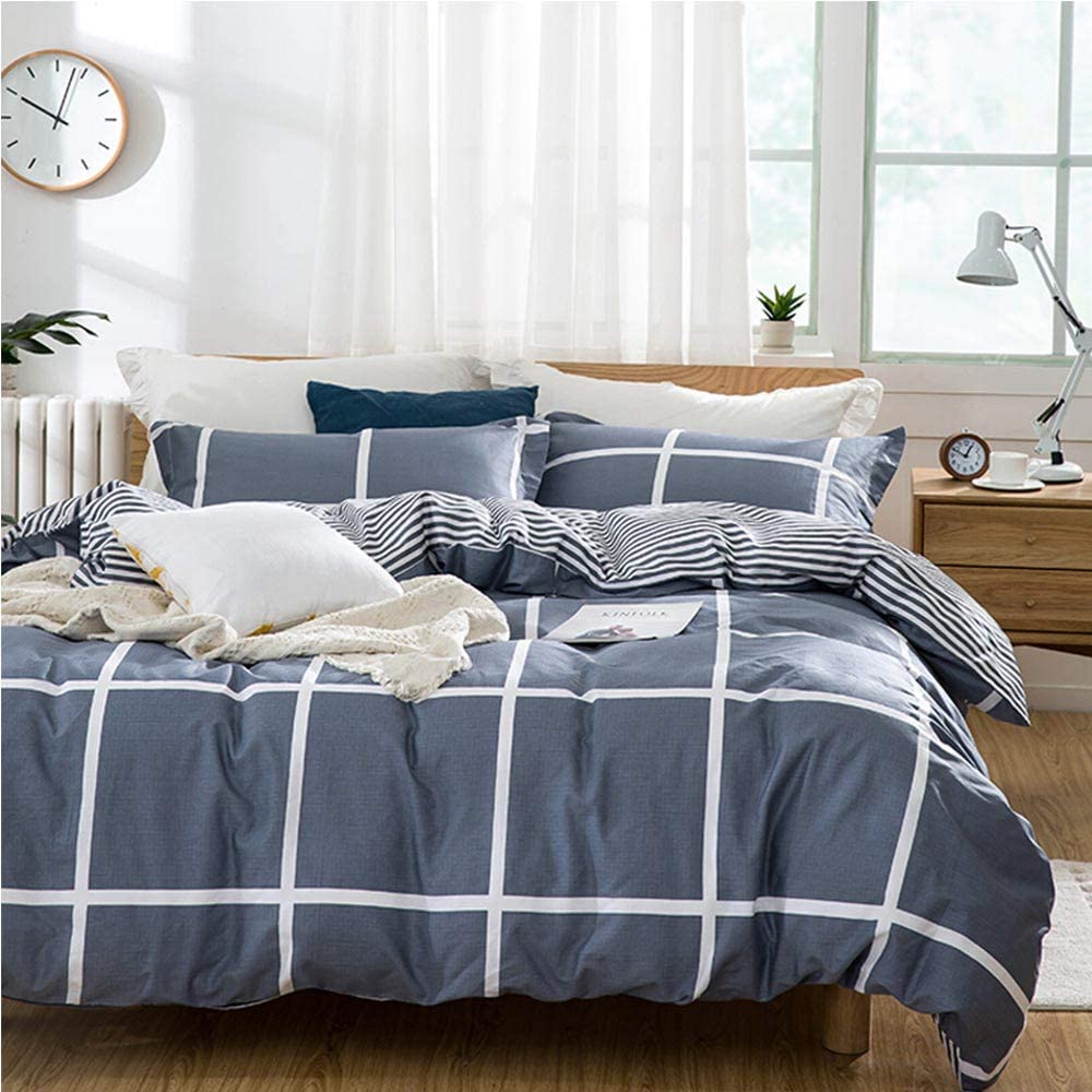 Price:$27.99    TIFFICO Duvet Cover Set Queen Size - 3 Pieces Grid Geometric Striped Microfiber Soft Lightweight Down Duvet Comforter Quilt Bedding Covers with Zip Ties - 90x90 inch for Young Women Men, Navy Blue  Home & Kitchen