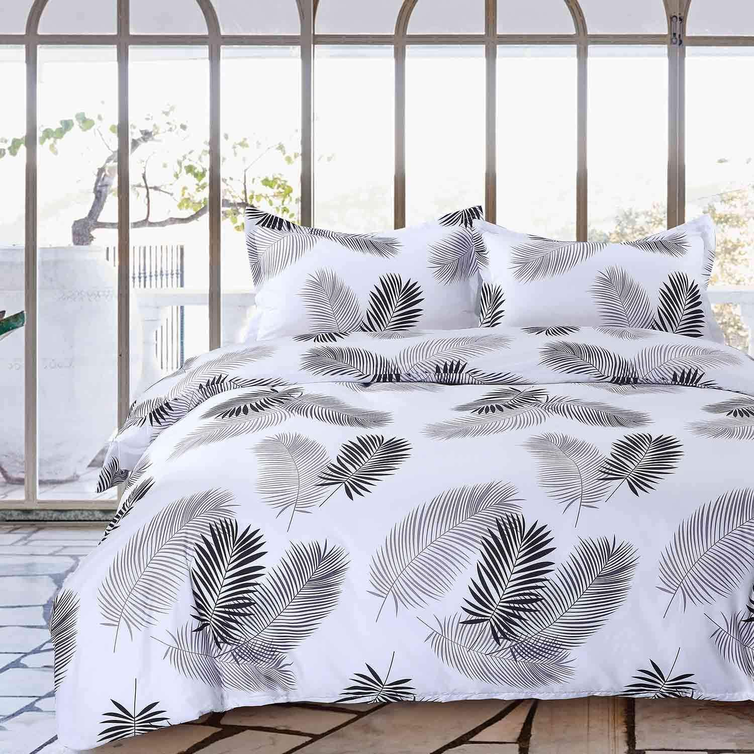 Price:$28.99    NANKO Queen Duvet Cover Set 3pc (90x90 inch) White Leaf Pattern Printed Luxury Microfiber Down Comforter Quilt Bedding Cover with Zip Ties - Modern Style for Men and Women Teen  Home & Kitchen