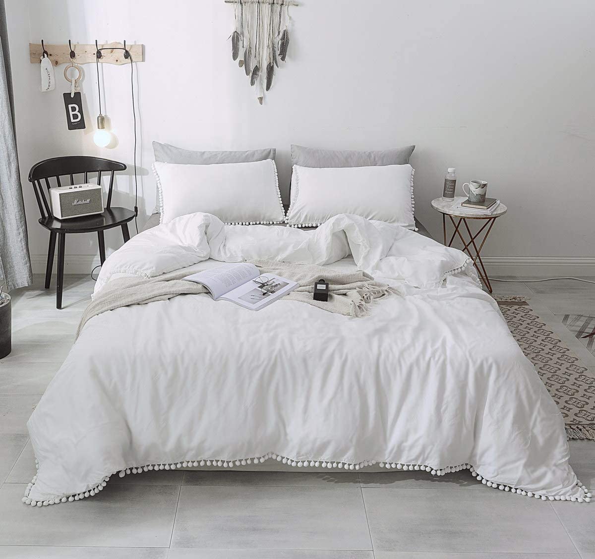 Price:$32.99    Janzaa 3 PCS Home Pom Duvet Cover Set Queen Size with Pillow Shames for Bedding Room (White, Queen)  Home & Kitchen
