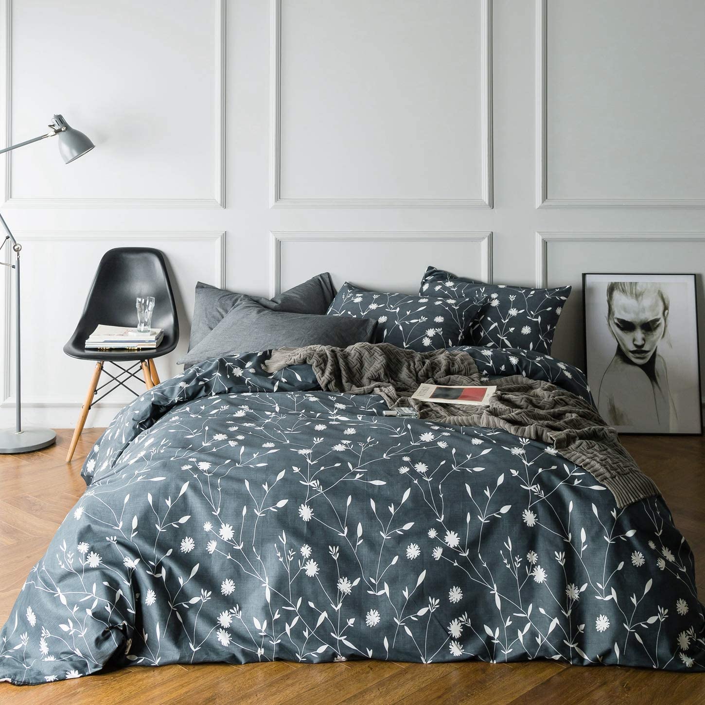 Price:$49.99    SUSYBAO 3 Piece Duvet Cover Set Queen Size Floral Branches Bedding Set 100% Cotton Grey White 1 Tree Leaves Duvet Cover with Zipper Ties 2 Pillow Cases Premium Quality Soft Breathable Lightweight Cool  Home & Kitchen