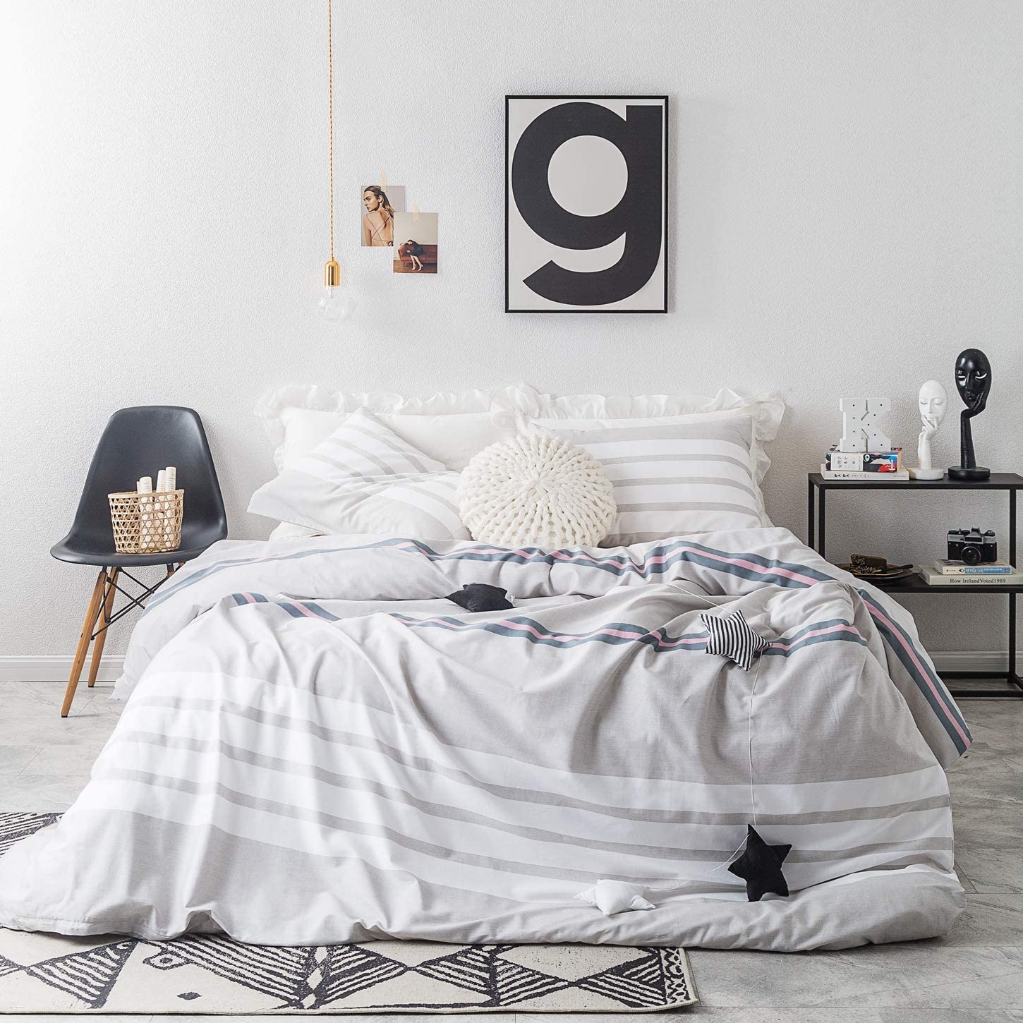 Price:$49.99    SUSYBAO 3 Piece Duvet Cover Set 100% Cotton Light Gray Queen Size Pink Stripe Bedding Set with Zipper Ties 1 Grey Striped Duvet Cover 2 Pillowcases Hotel Quality Soft Modern Lightweight Durable  Home & Kitchen