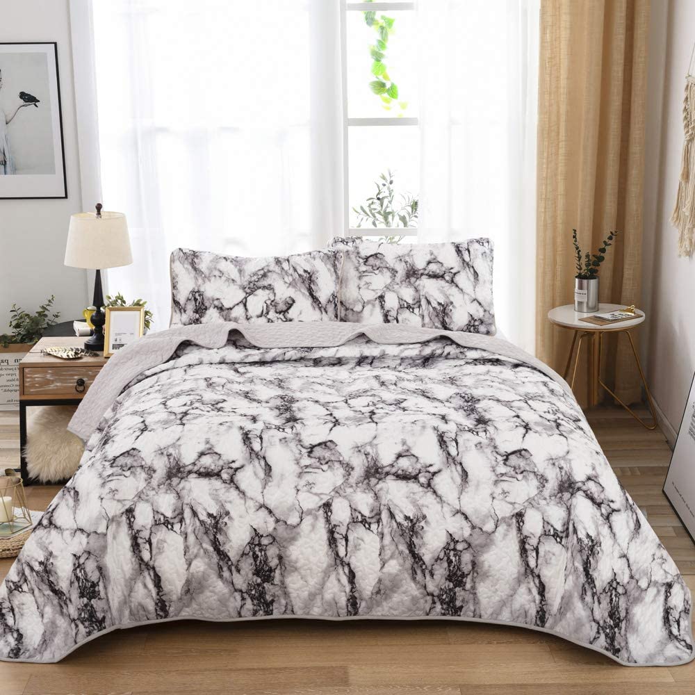 Price:$34.89    Marble Quilt Set Queen, White Grey Marble Pattern Printed Bedding Bedspread Set Coverlet with 2 Pillowcases for All Seasons, Soft Microfiber Quilted Bedspread 90x90 inches  Home & Kitchen