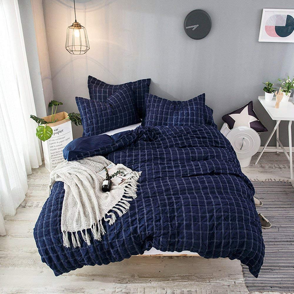 Price:$55.99    Merryfeel Seersucker Duvet Cover Set,100% Cotton Yarn Dyed Seersucker Woven Check Bedding Set,3 Pieces(1 Duvet Cover with 2 Pillowshams),Navy color King  Home & Kitchen