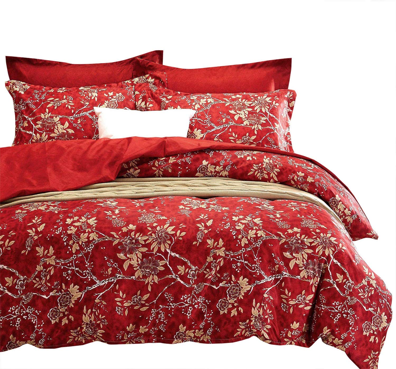 Price:$35.99    Wake In Cloud - Red Floral Duvet Cover Set, Vintage Flowers Pattern Printed, Soft Microfiber Bedding with Zipper Closure (3pcs, King Size)  Home & Kitchen
